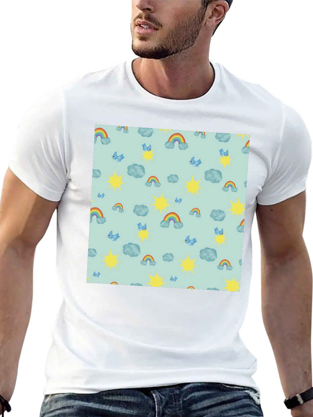 Whimsical Weather Tee: Rainbows Suns & Clouds!