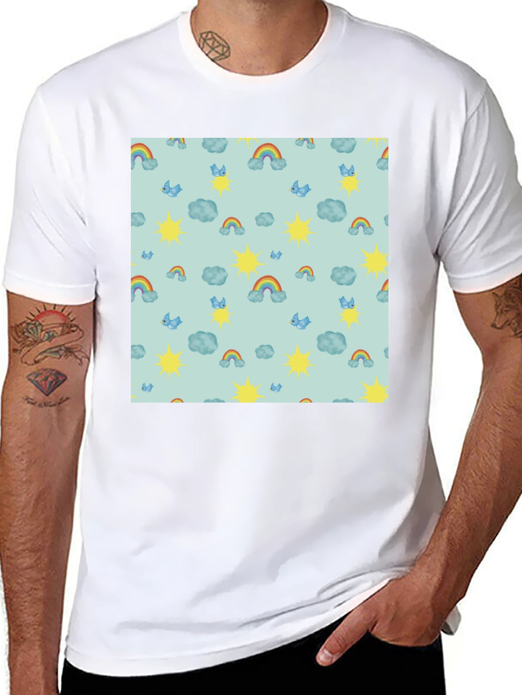 Whimsical Weather Tee: Rainbows Suns & Clouds!