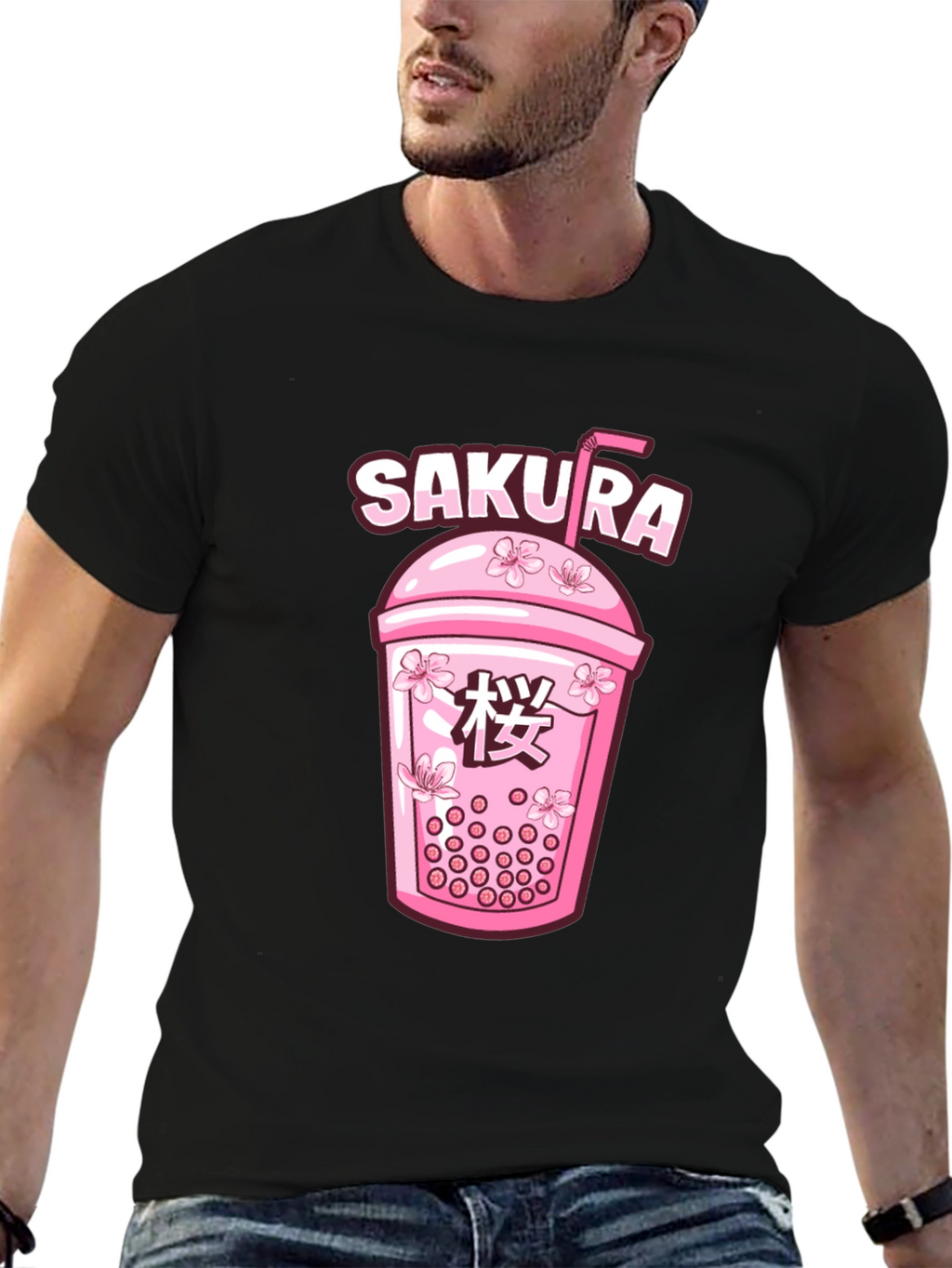 Sakura Boba Tea Graphic Tee - Unisex Black T-Shirt