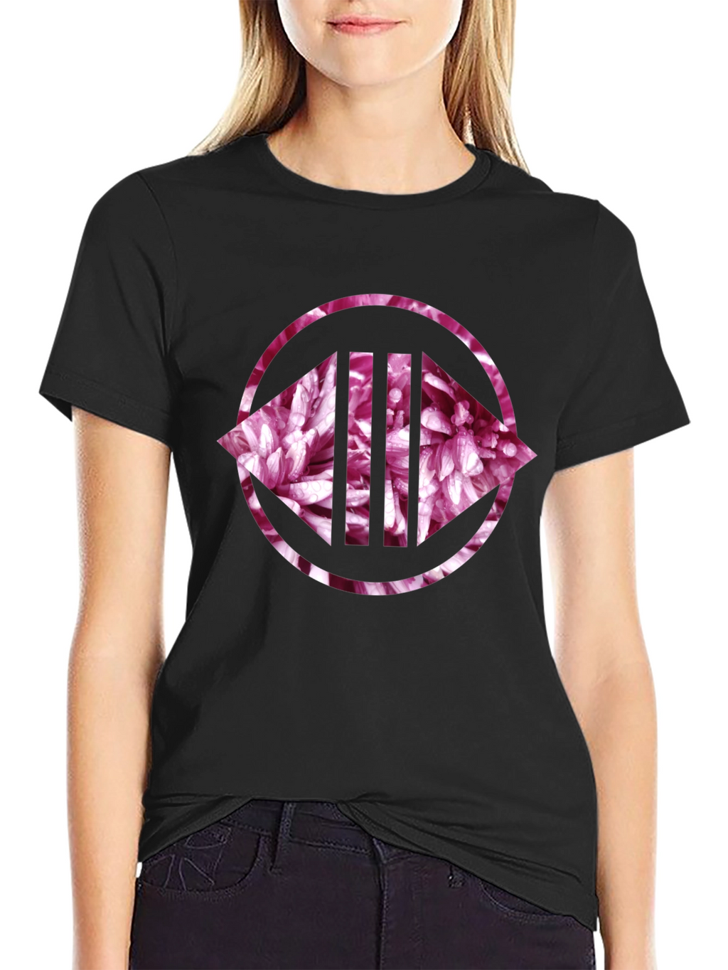 Floral Circle Graphic Print Black Tee
