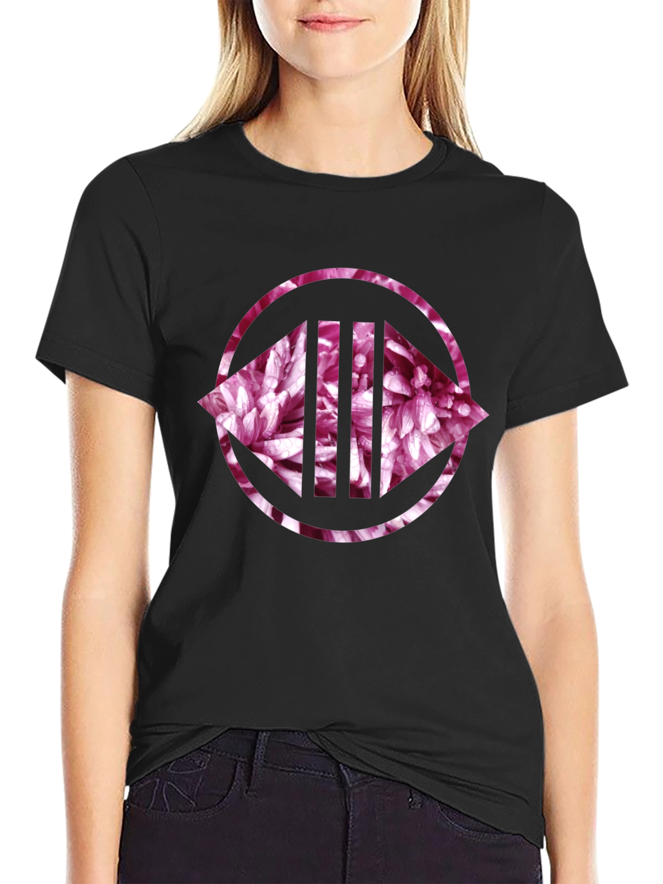 Floral Circle Graphic Print Black Tee