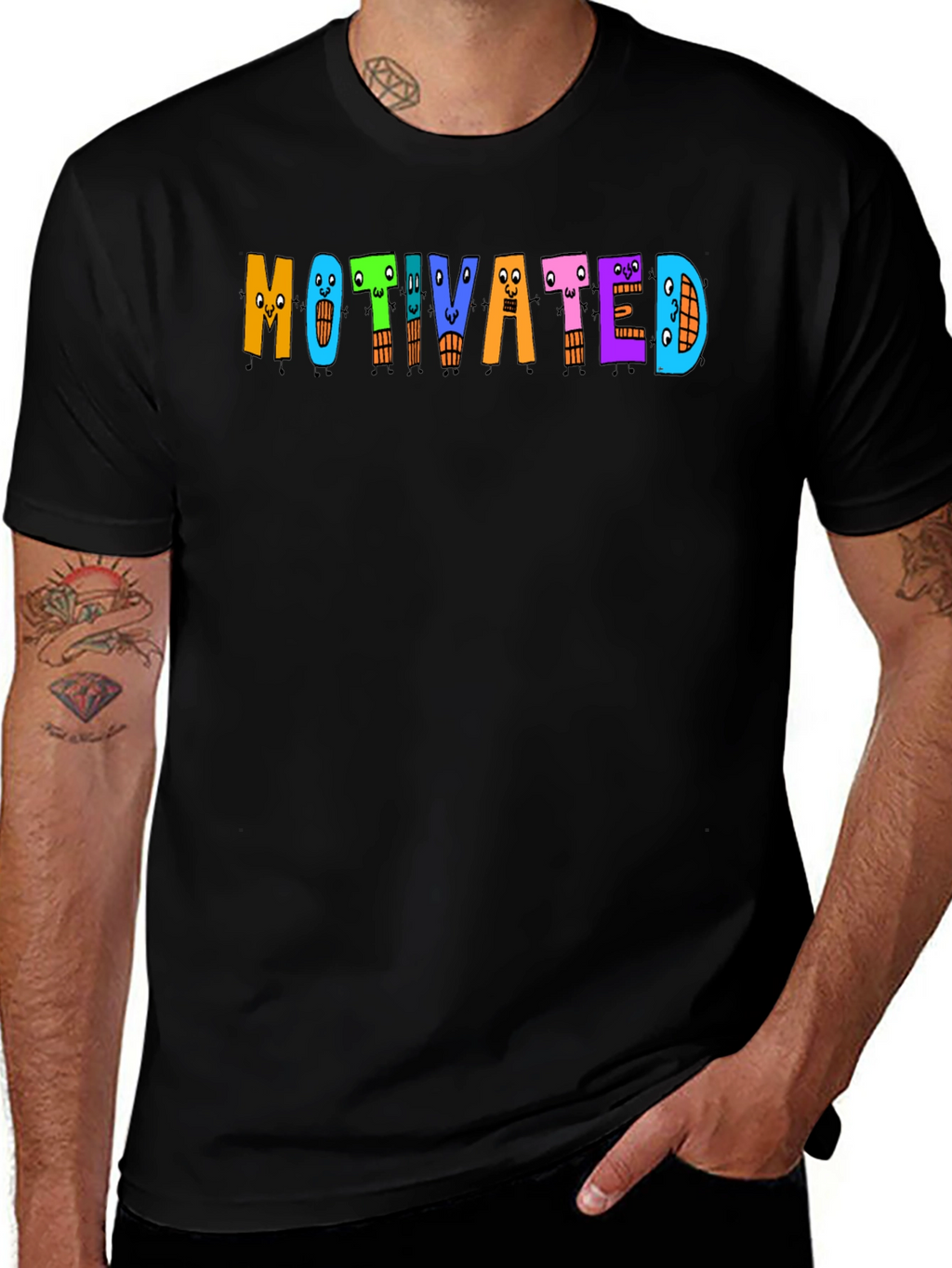 Motivated Cartoon Letter T-Shirt - Black