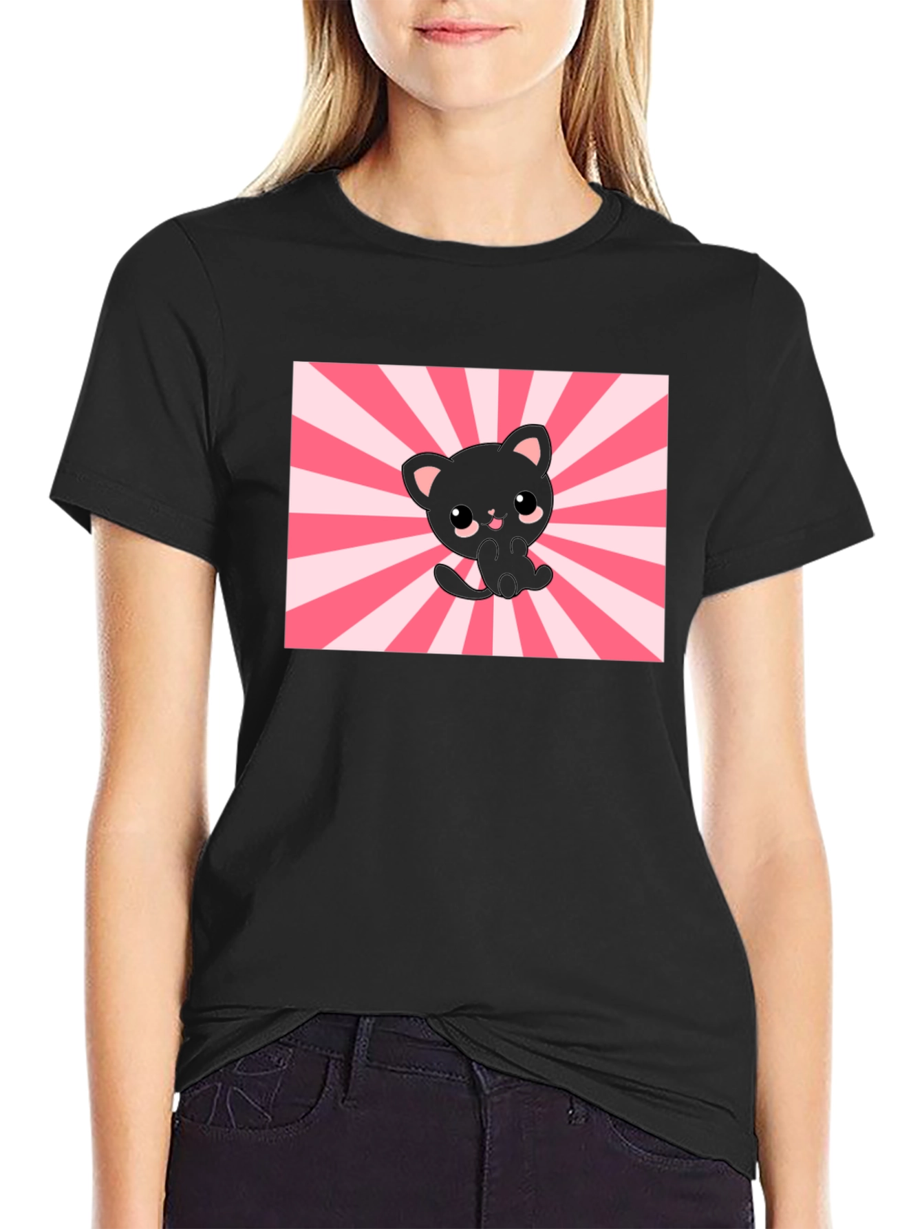 Cute Kawaii Cat T-Shirt - Black