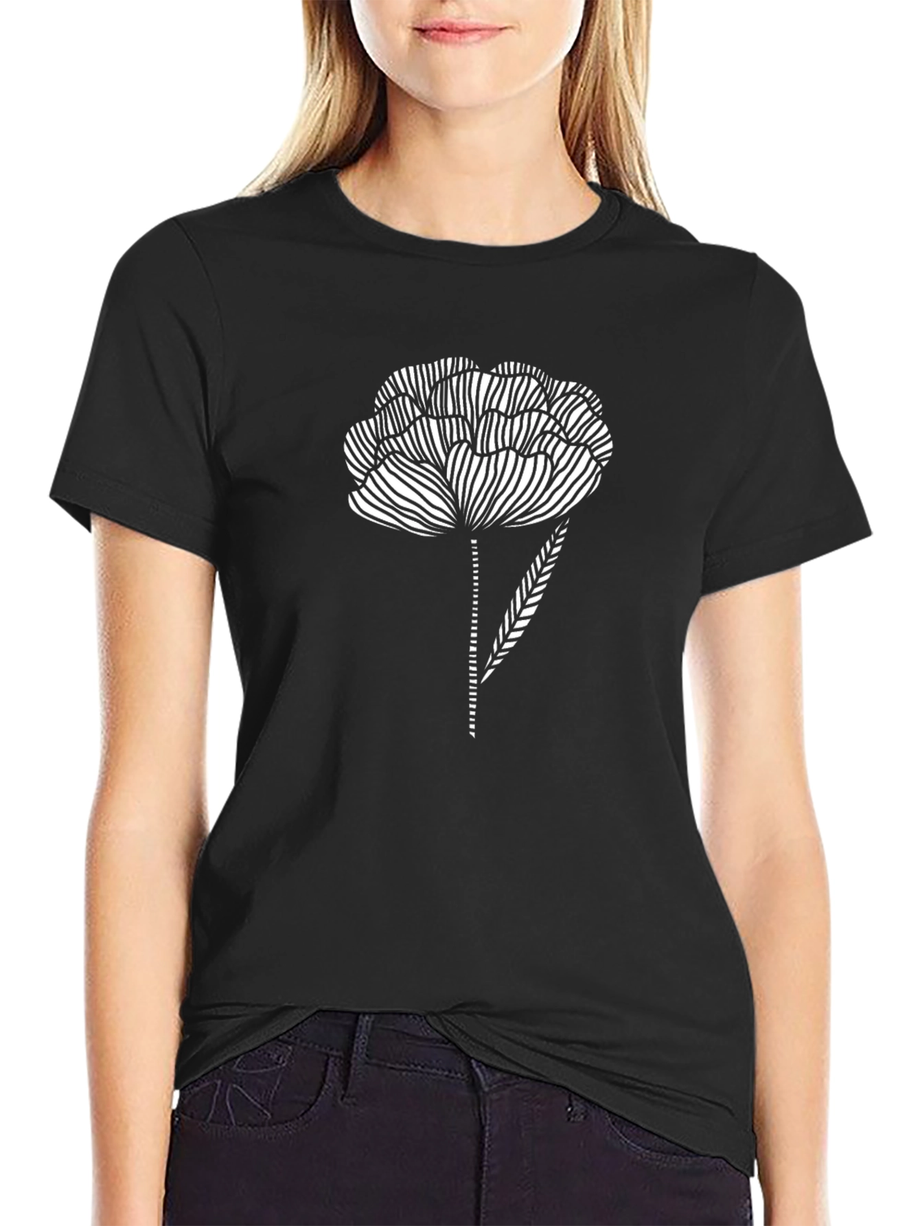 Black T-Shirt with Abstract Flower Design