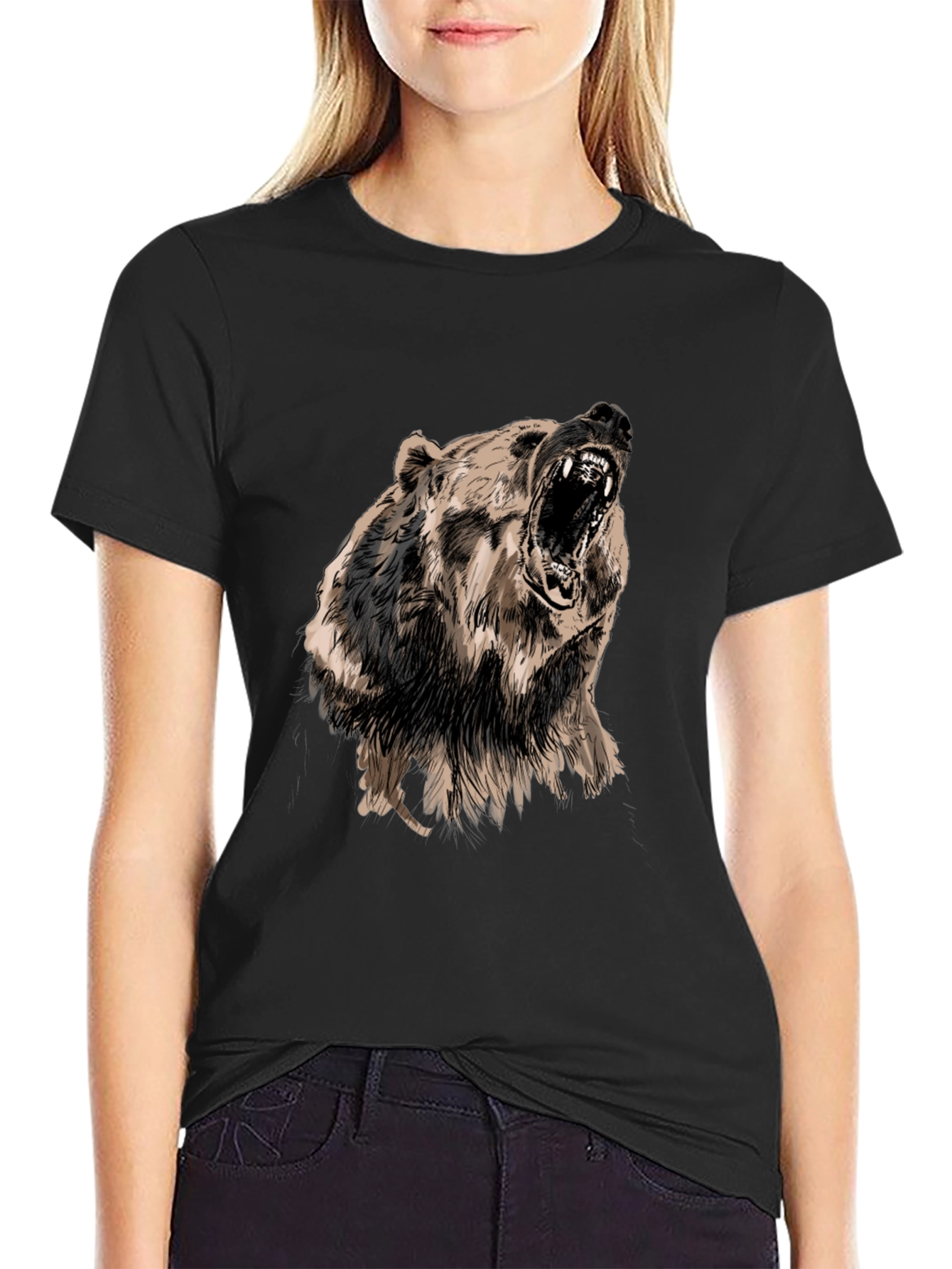 Roaring Bear Graphic Print Black T-Shirt