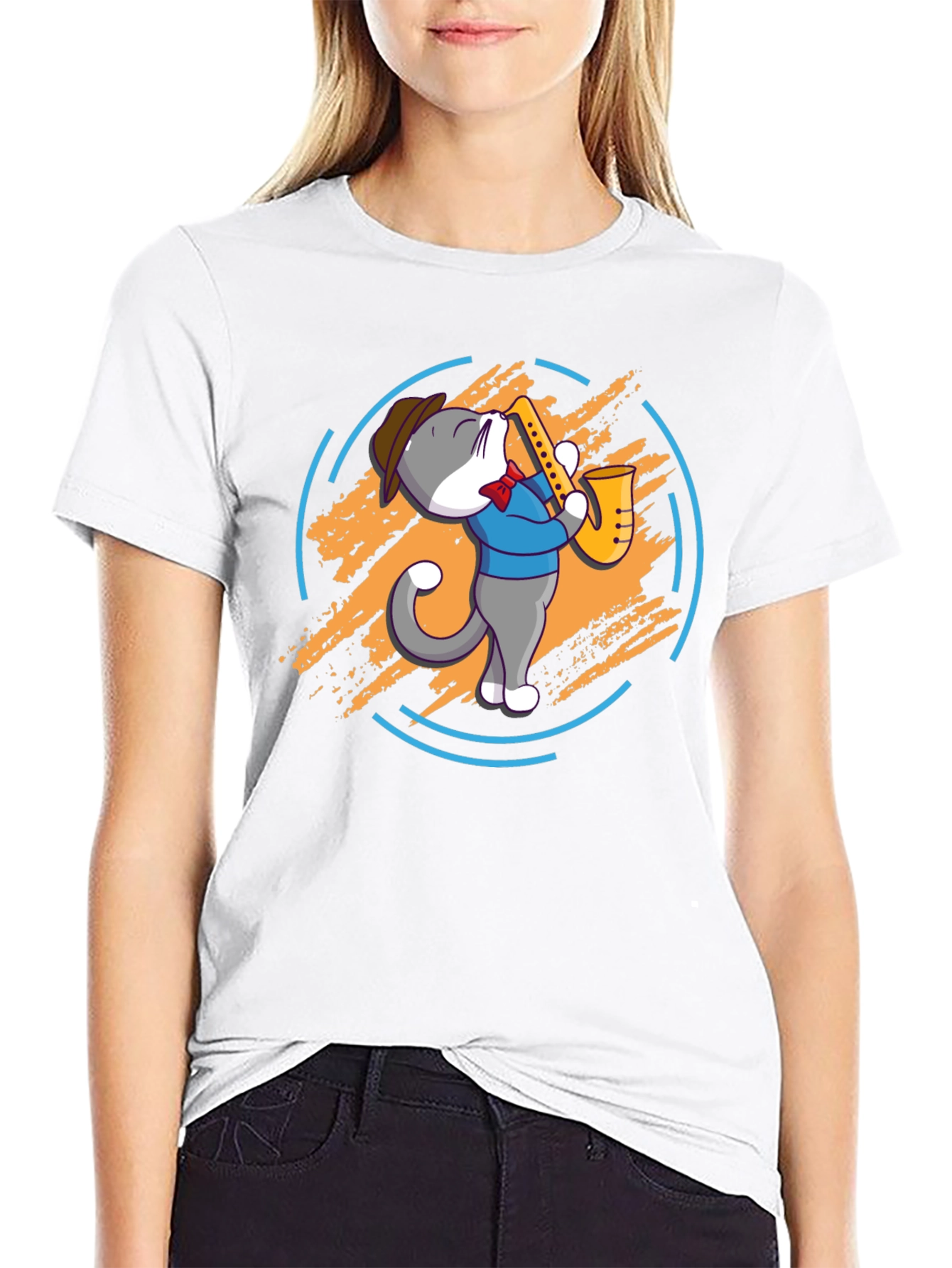 Cat Saxophone Player Black T-Shirt