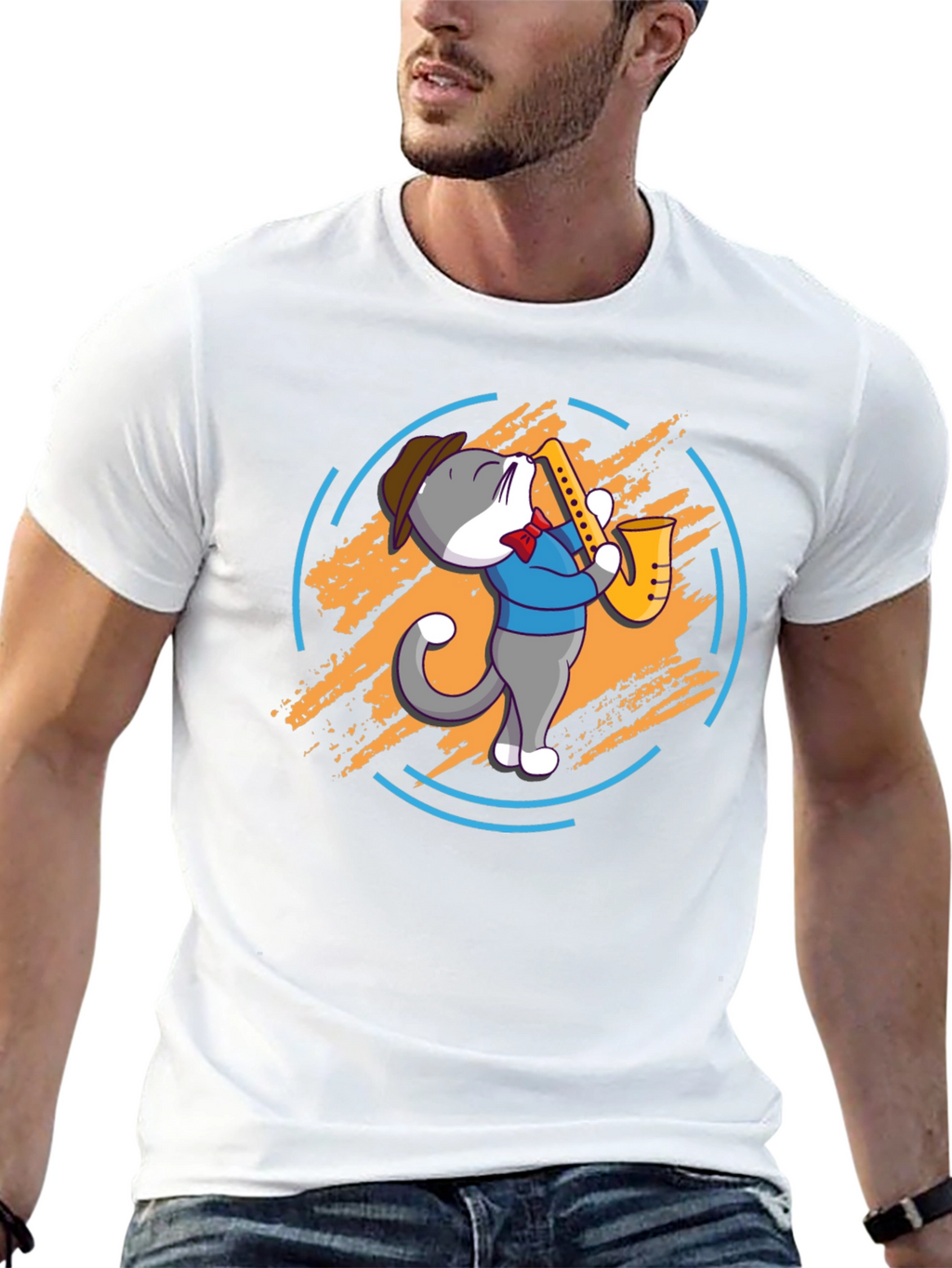 Cat Saxophone Player Black T-Shirt