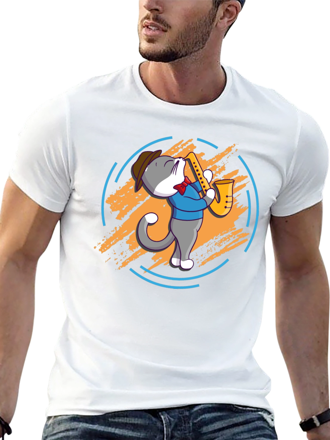 Cat Saxophone Player Black T-Shirt