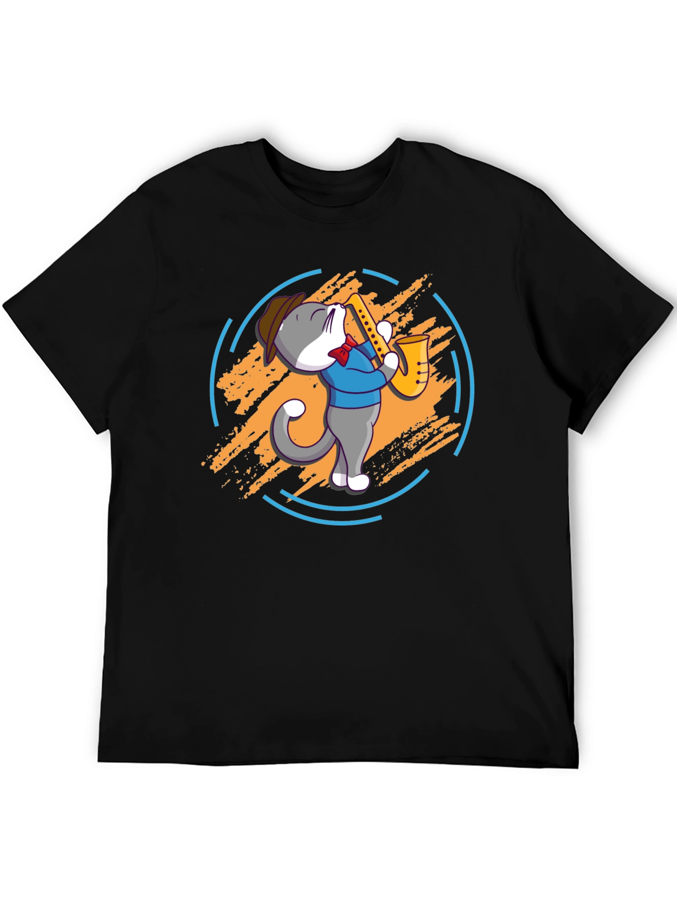 Cat Saxophone Player Black T-Shirt