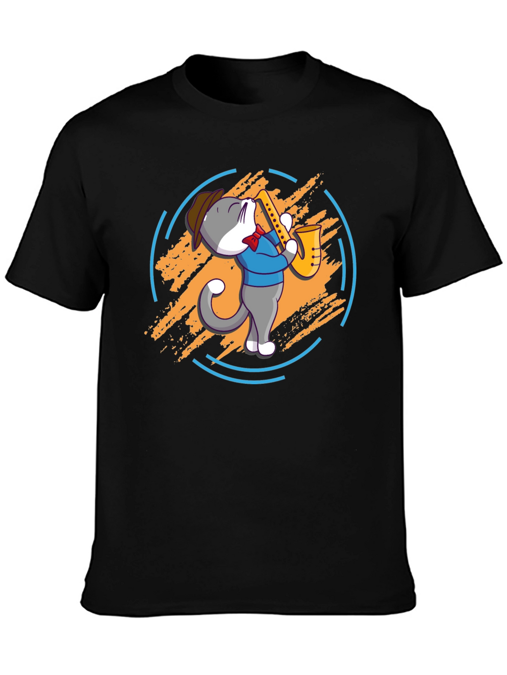 Cat Saxophone Player Black T-Shirt
