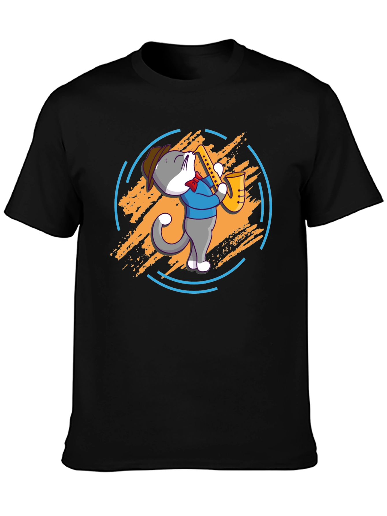 Cat Saxophone Player Black T-Shirt