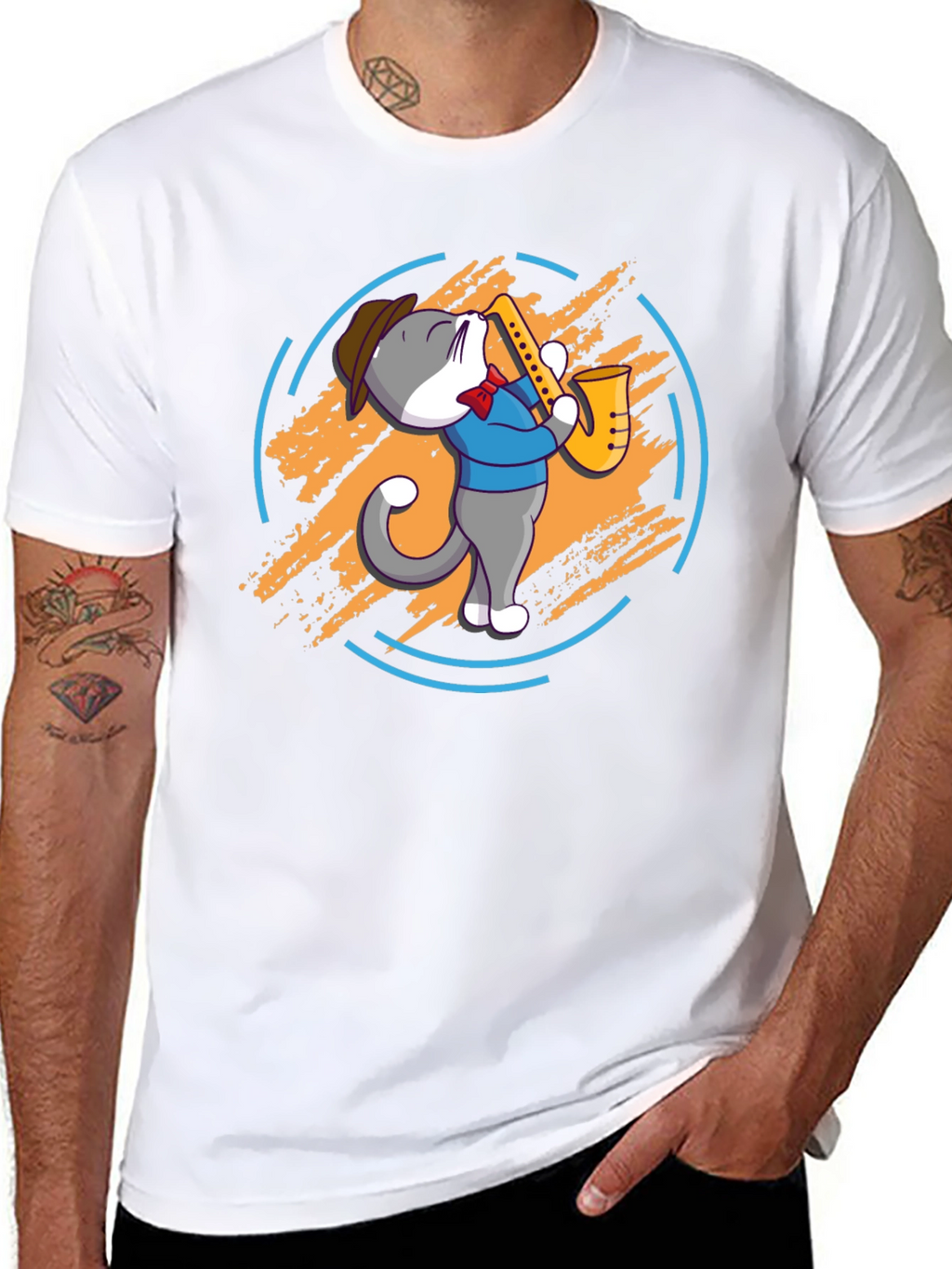 Cat Saxophone Player Black T-Shirt