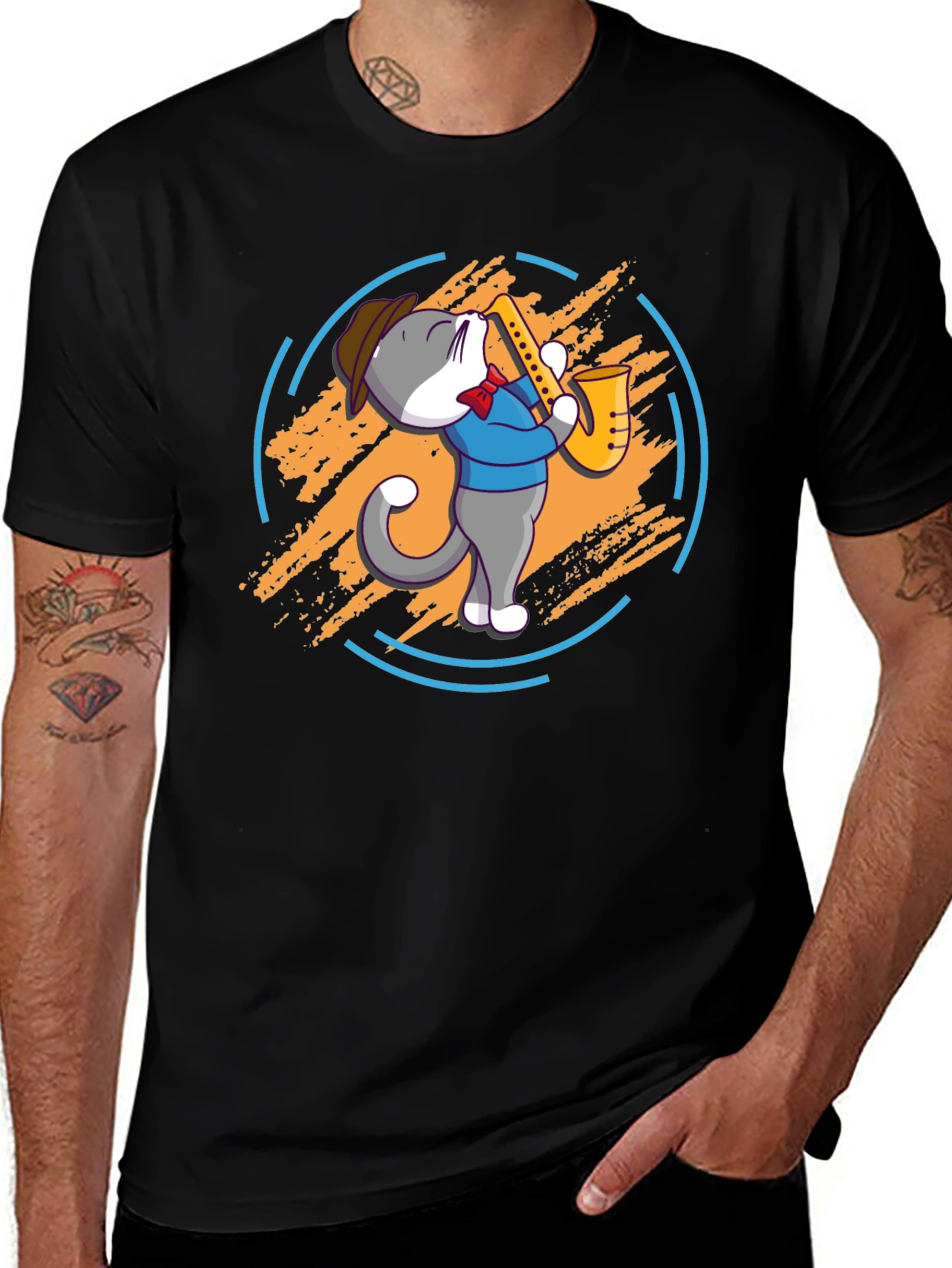 Cat Saxophone Player Black T-Shirt