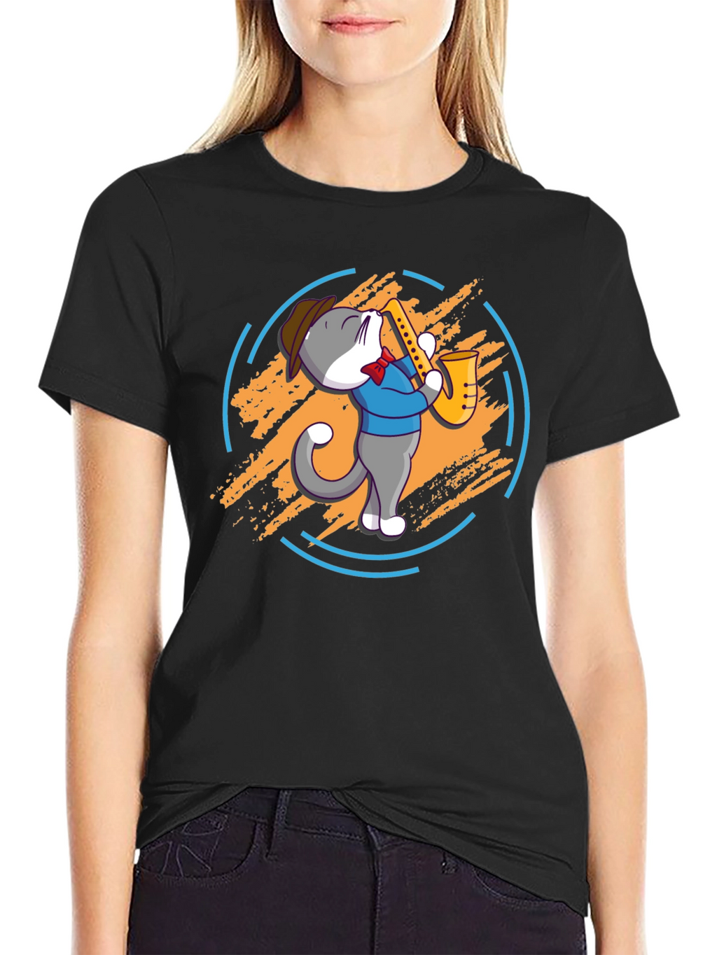 Cat Saxophone Player Black T-Shirt
