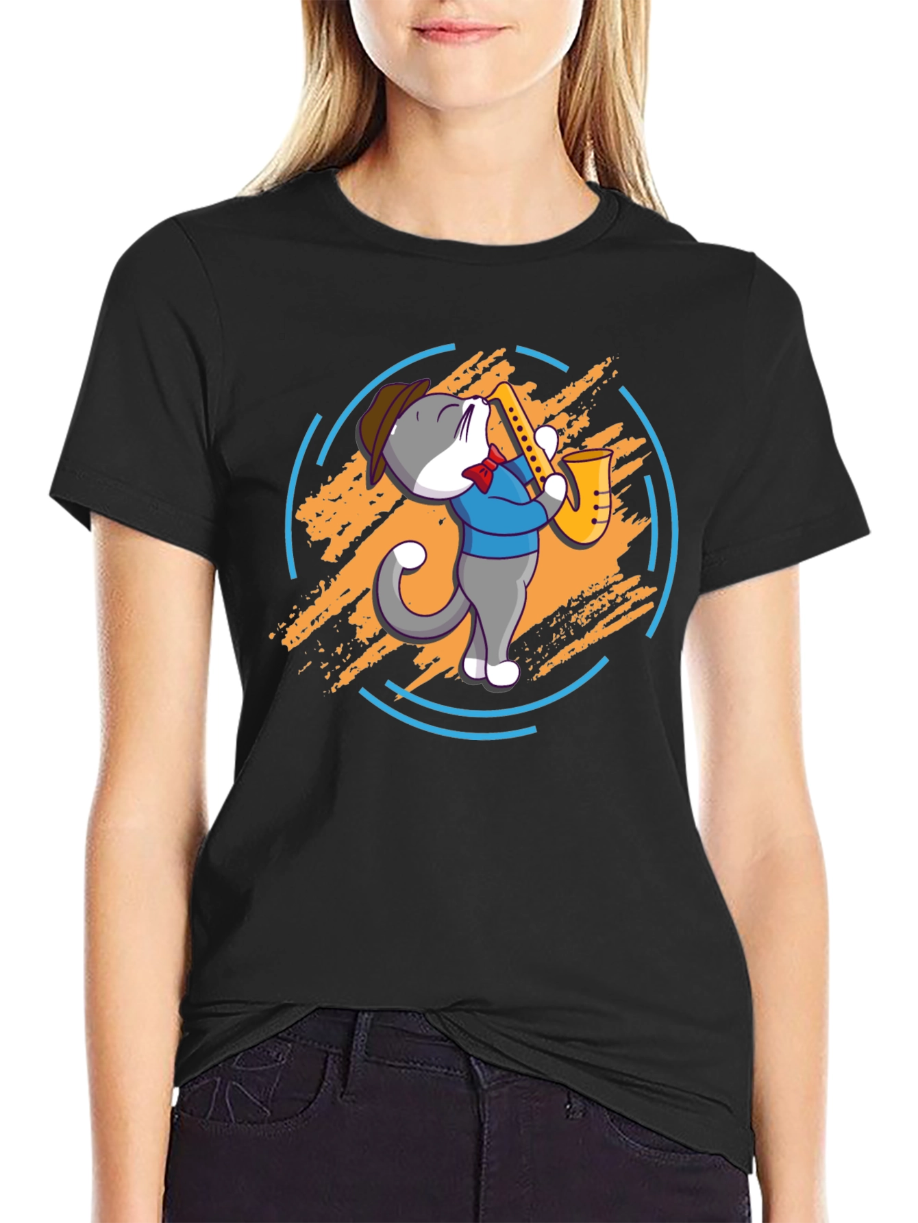 Cat Saxophone Player Black T-Shirt