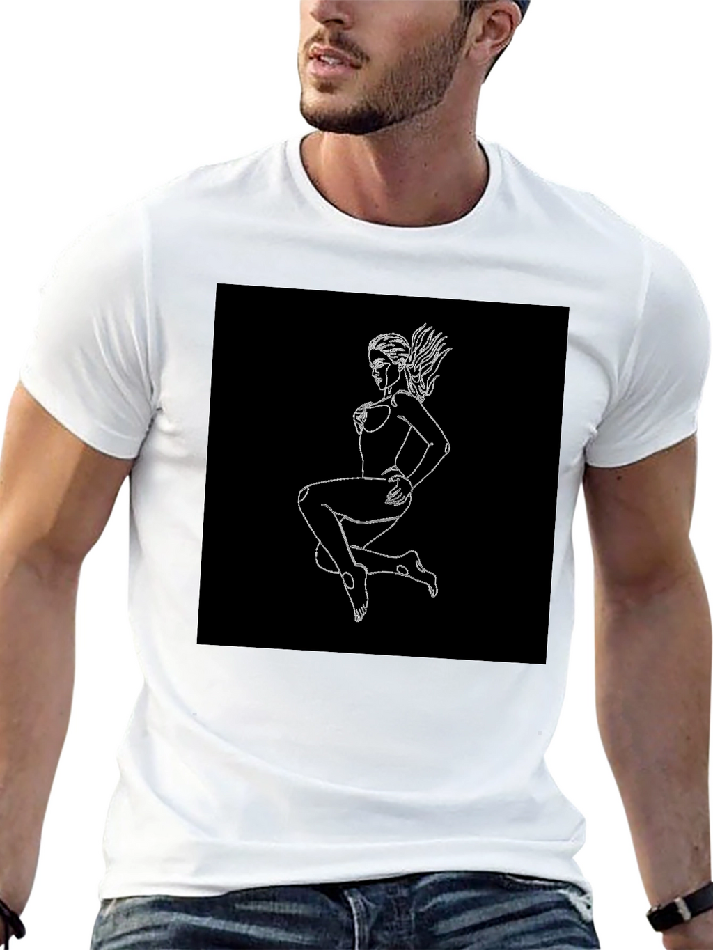 Black T-Shirt with Graphic Print - Woman Outline