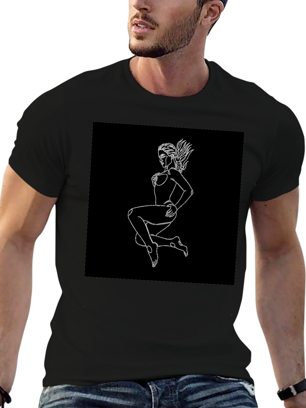 Black T-Shirt with Graphic Print - Woman Outline