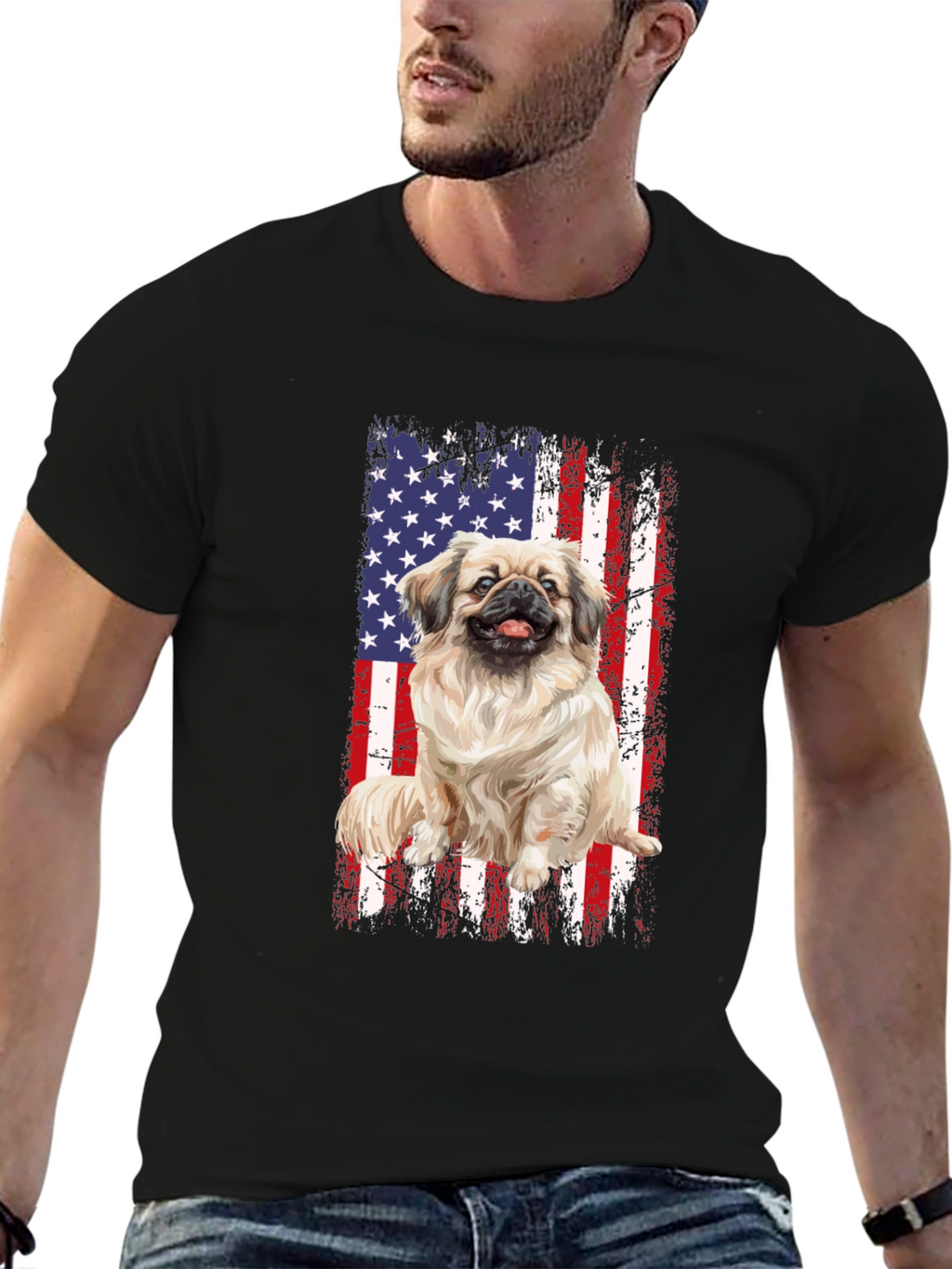Patriotic Pekingese Dog T-Shirt - American Flag Design