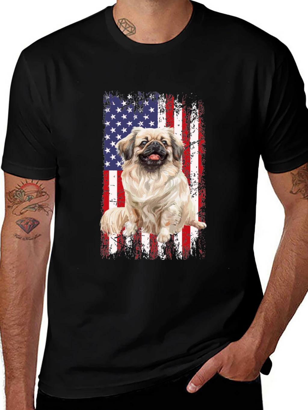 Patriotic Pekingese Dog T-Shirt - American Flag Design