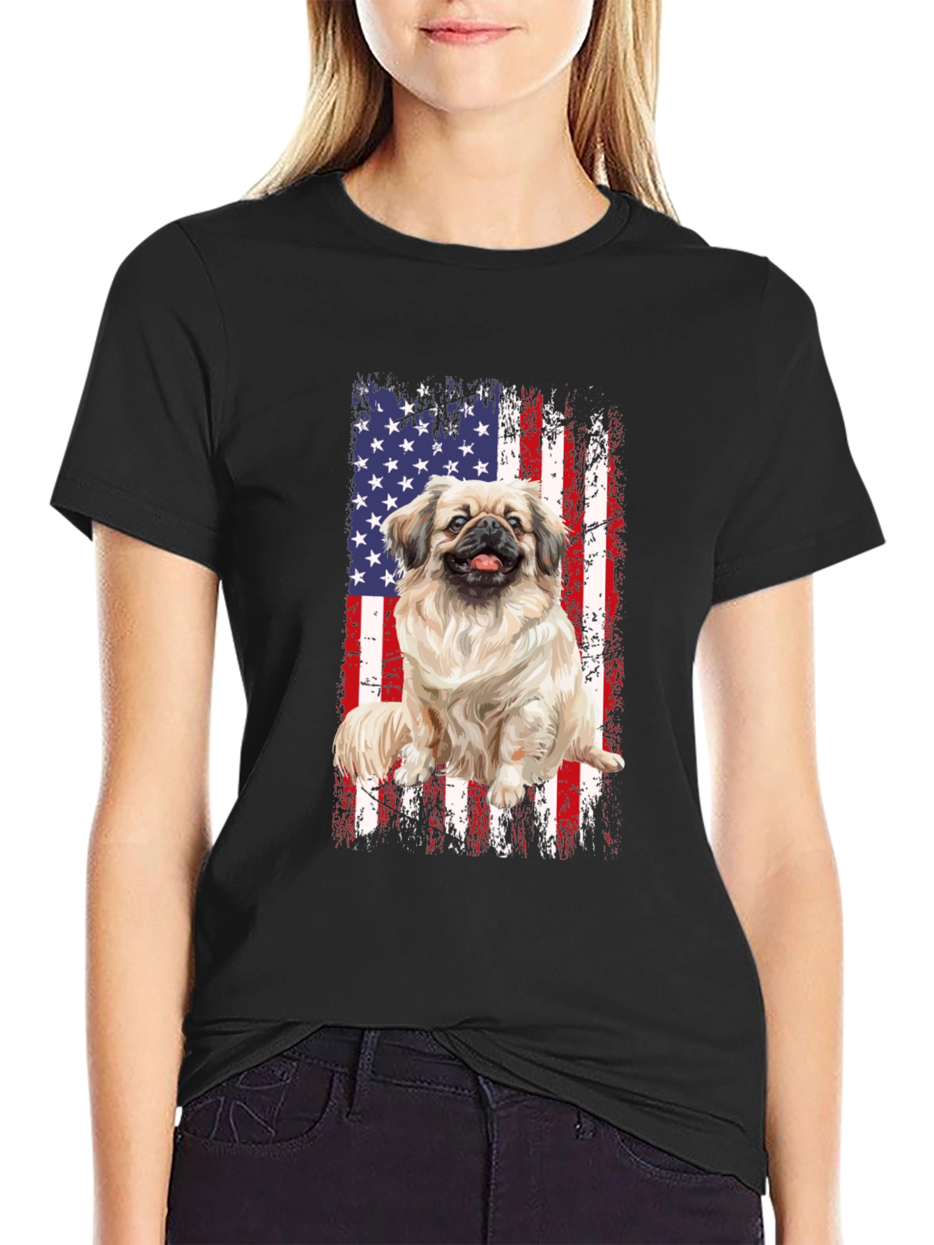 Patriotic Pekingese Dog T-Shirt - American Flag Design