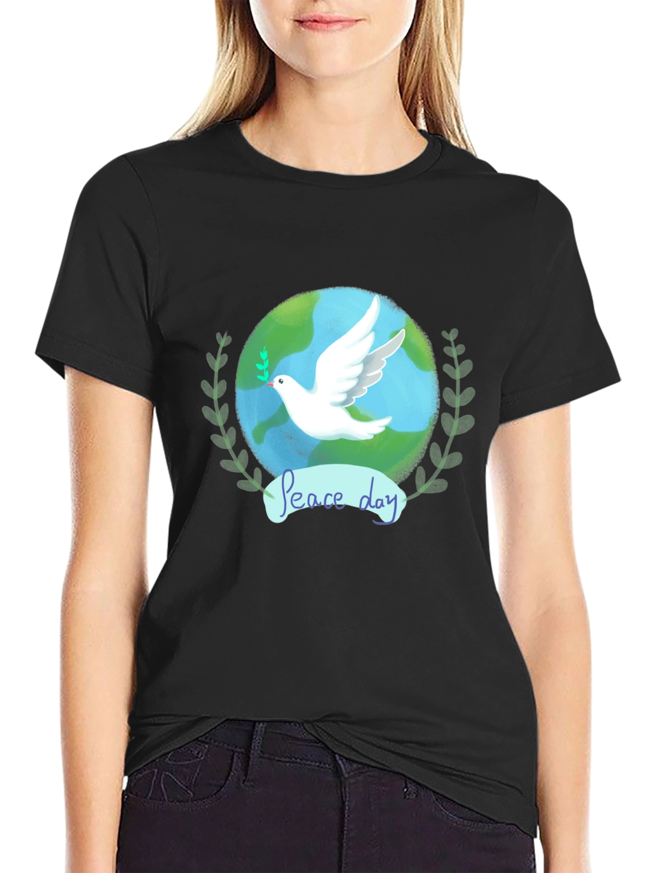 Peace Day Dove Graphic Tee - Black Cotton T-Shirt