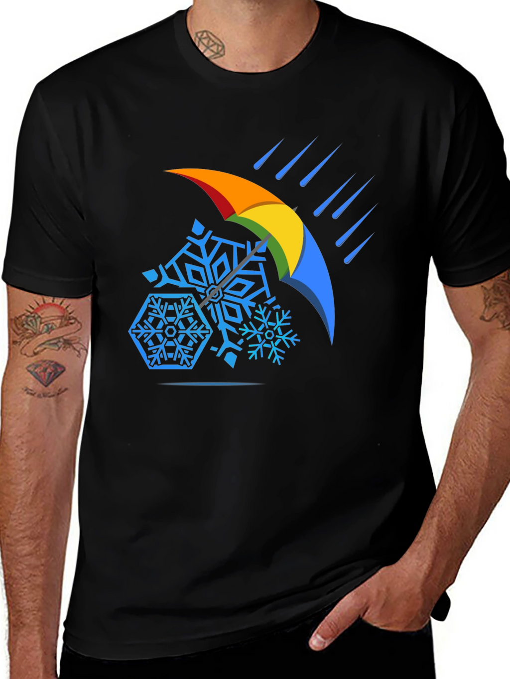 Weather Shield Tee - Snowflakes Under Rainbow Umbrella