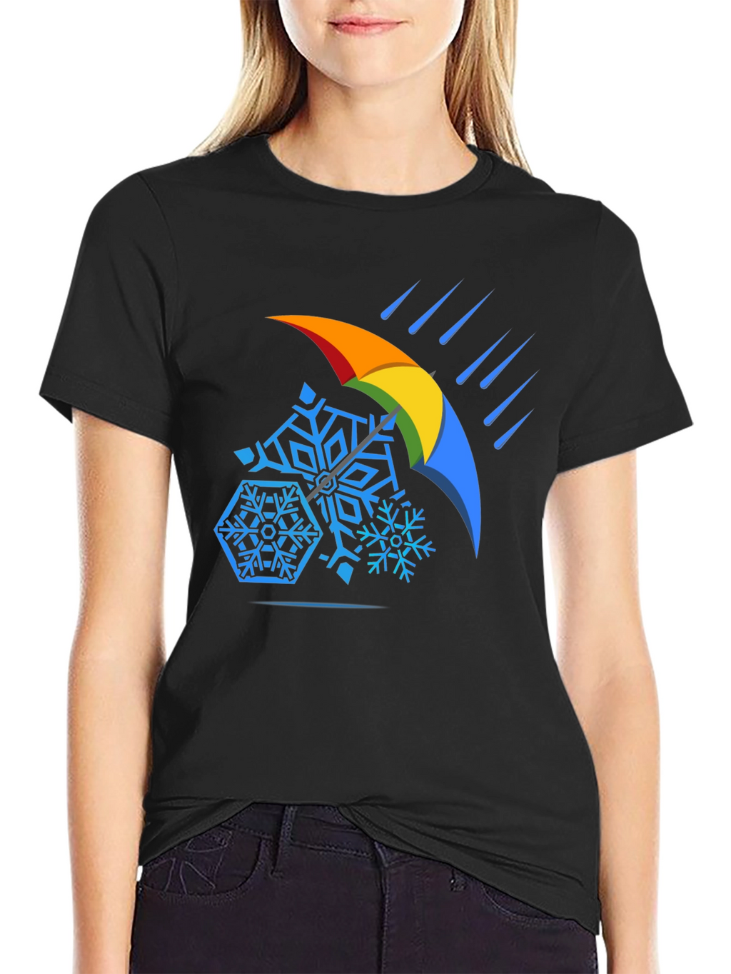 Weather Shield Tee - Snowflakes Under Rainbow Umbrella