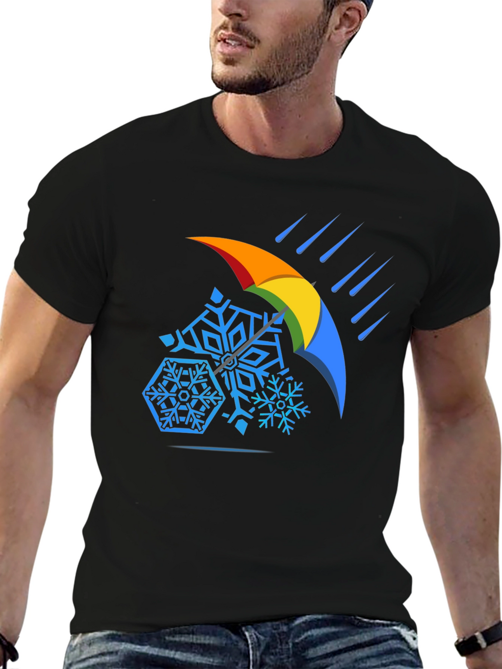Weather Shield Tee - Snowflakes Under Rainbow Umbrella