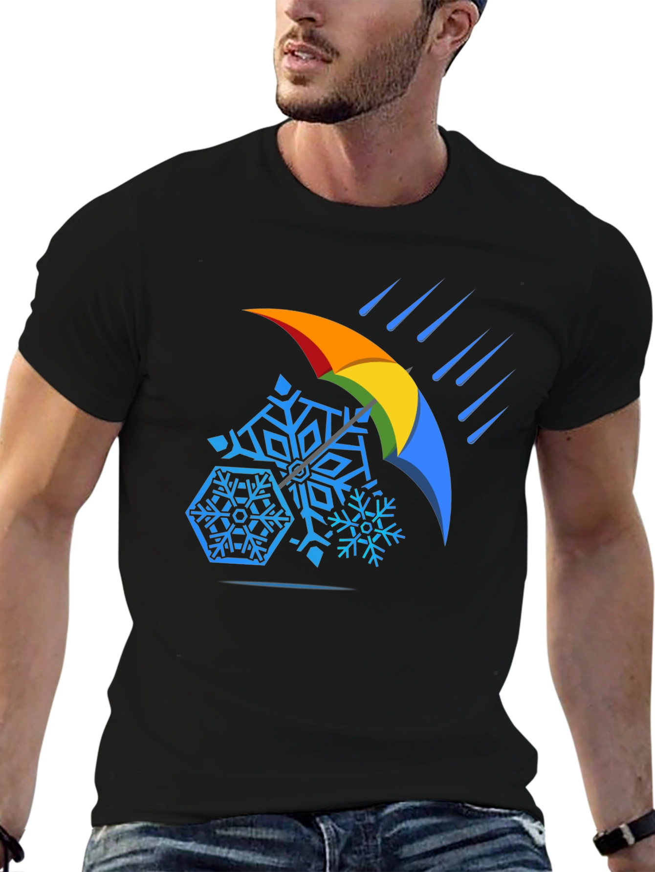 Weather Shield Tee - Snowflakes Under Rainbow Umbrella