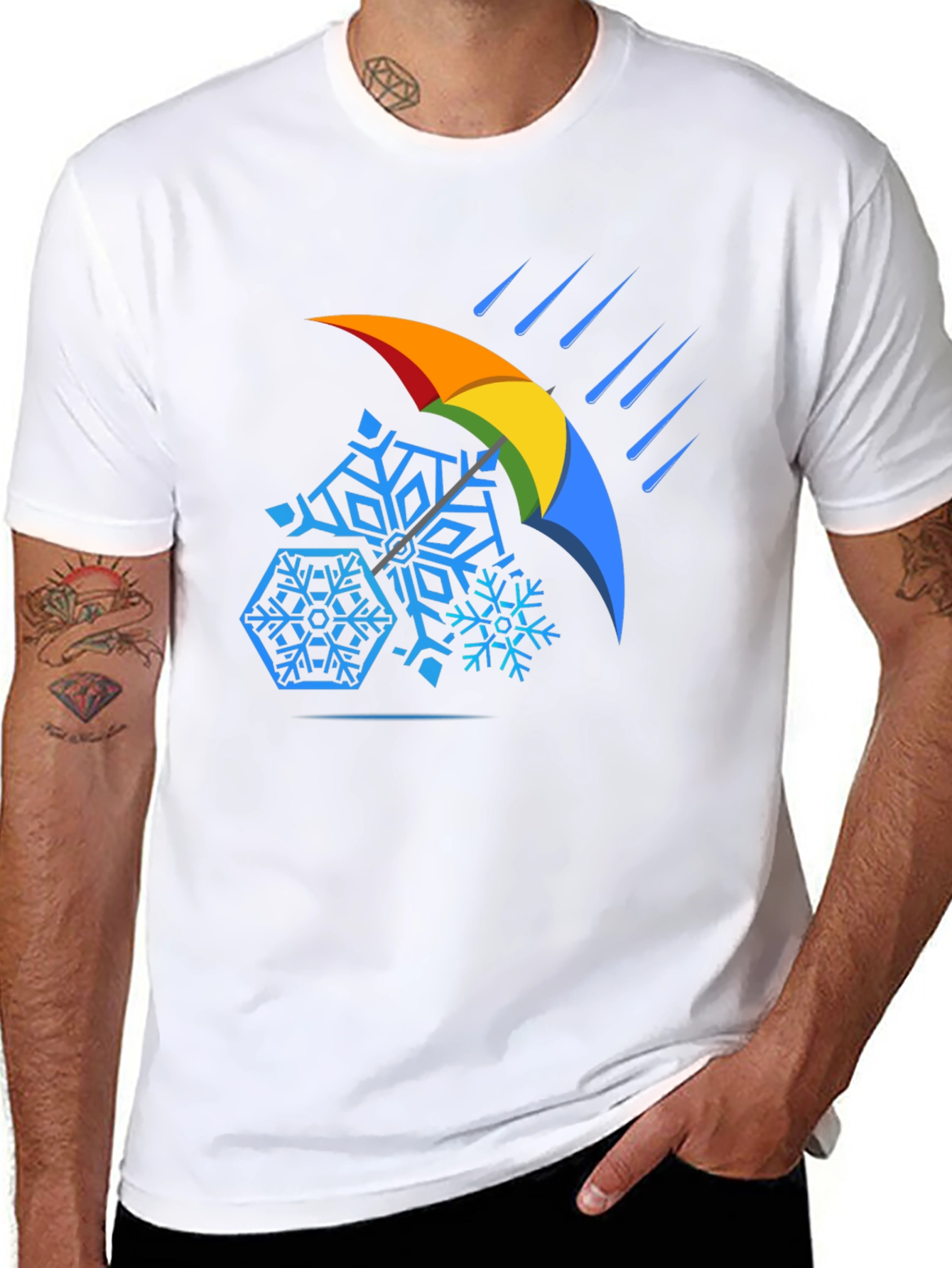 Weather Shield Tee - Snowflakes Under Rainbow Umbrella