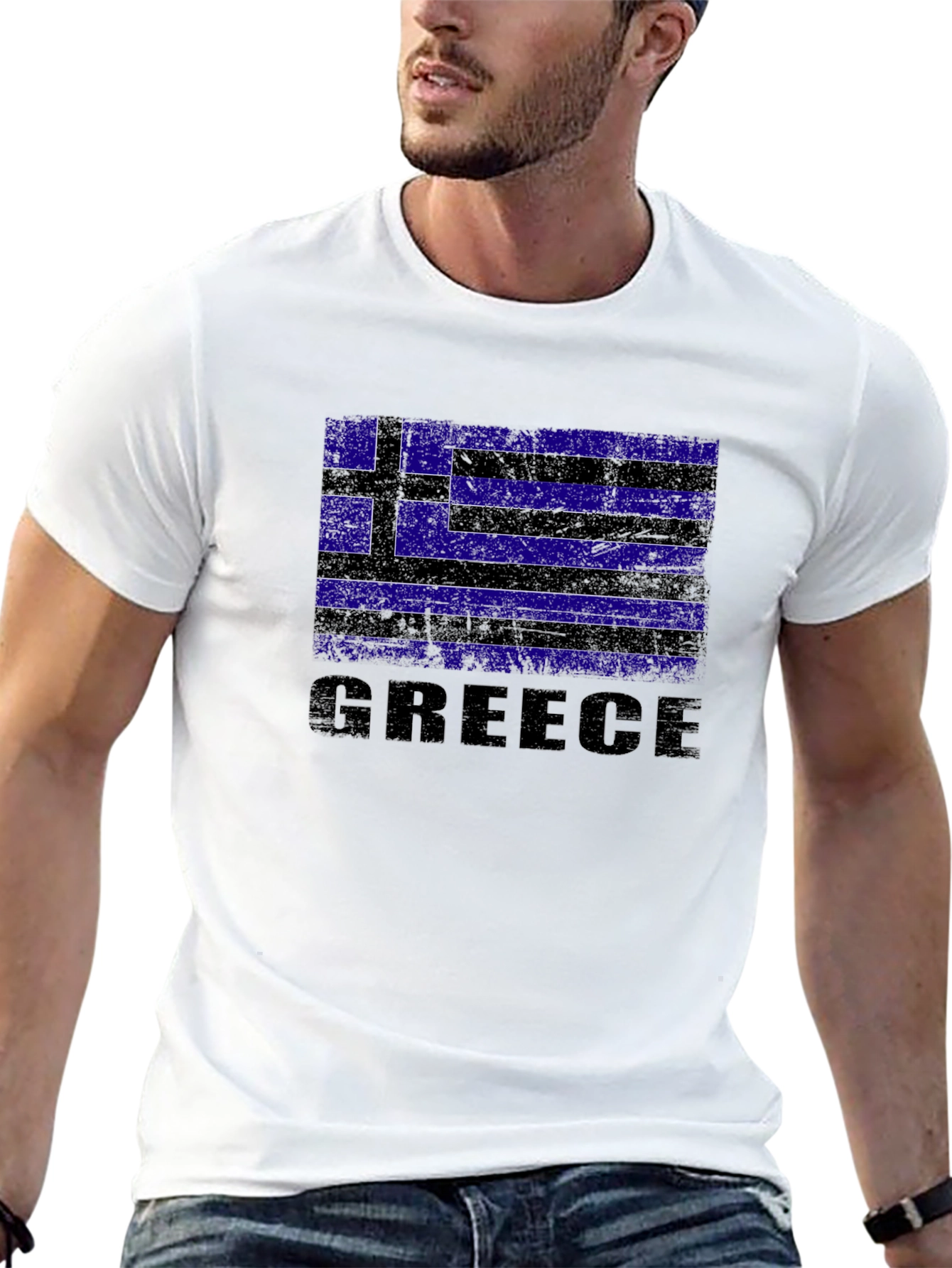 Greece Flag Graphic Print Black T-Shirt