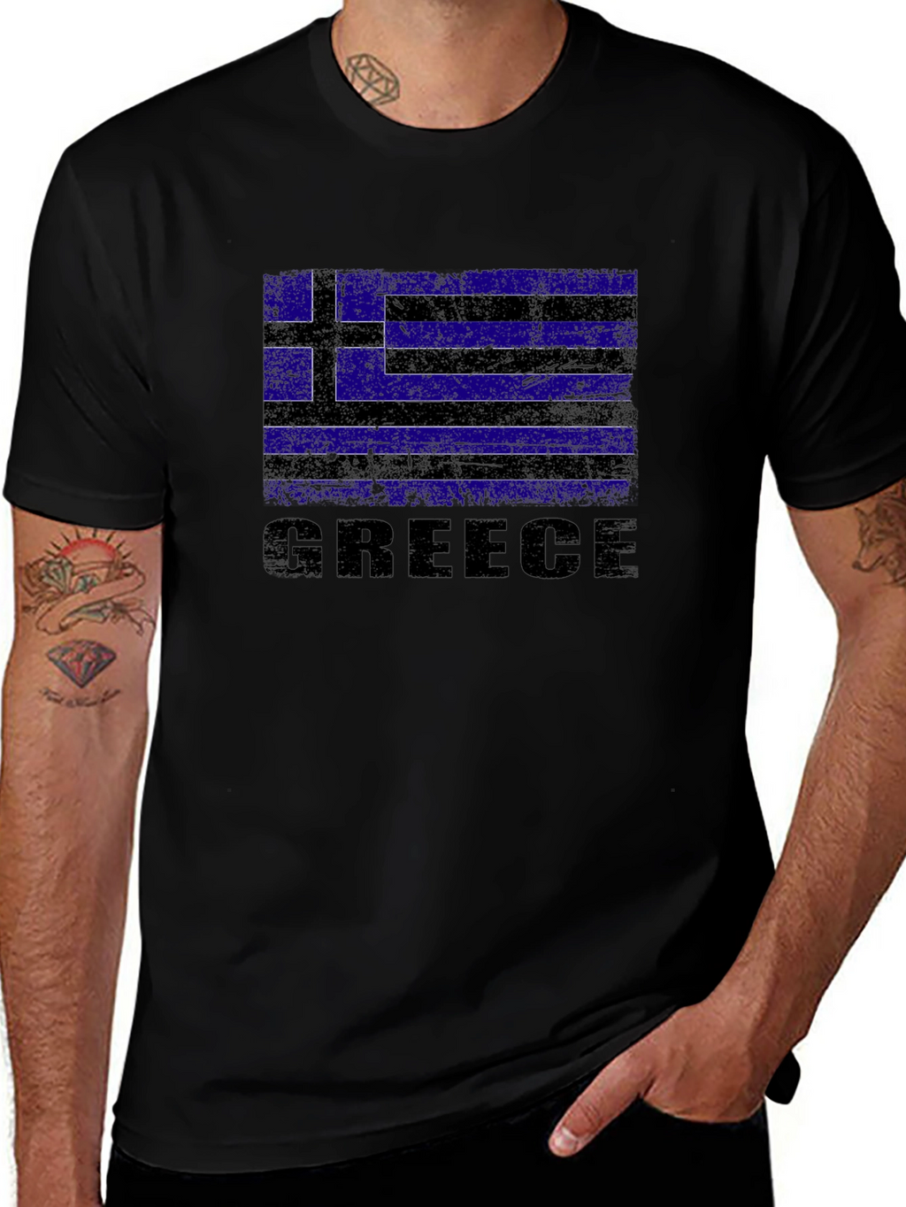Greece Flag Graphic Print Black T-Shirt