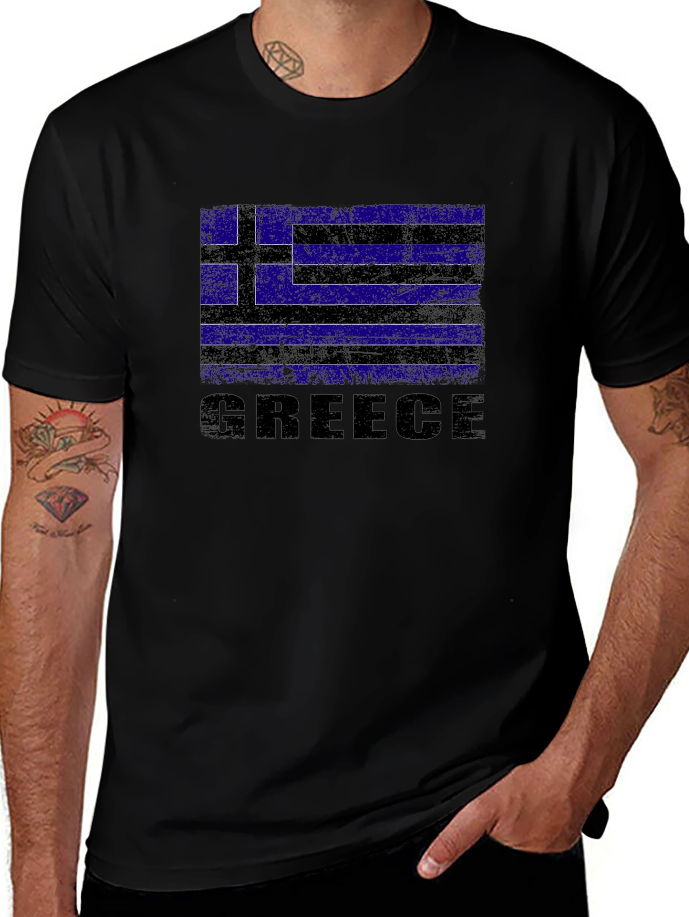 Greece Flag Graphic Print Black T-Shirt