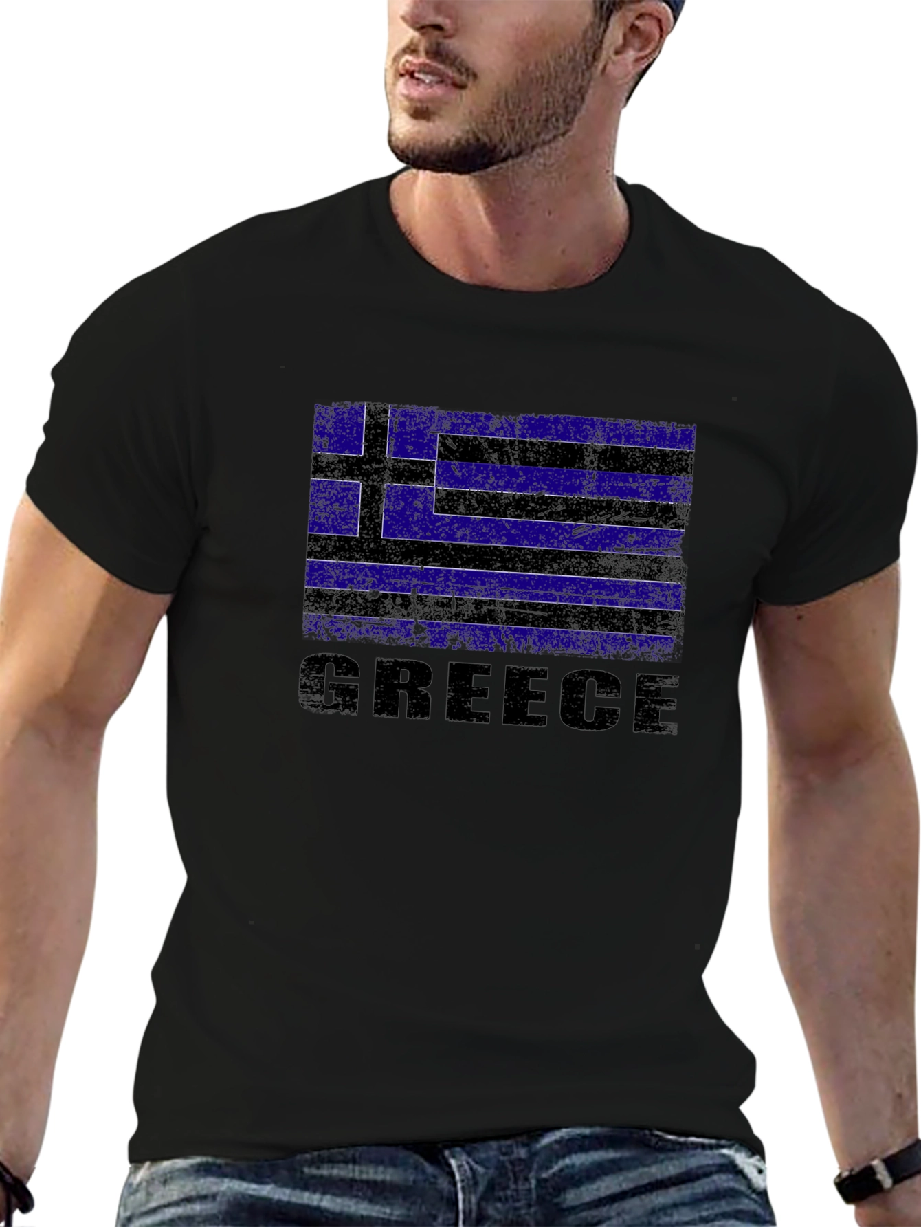 Greece Flag Graphic Print Black T-Shirt