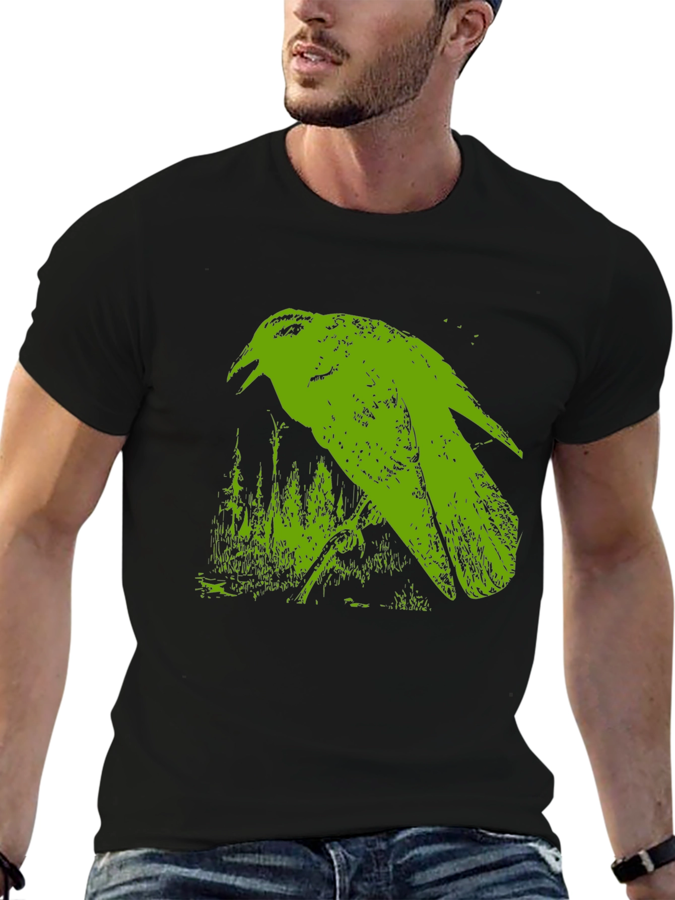 Green Crow Graphic Black T-Shirt