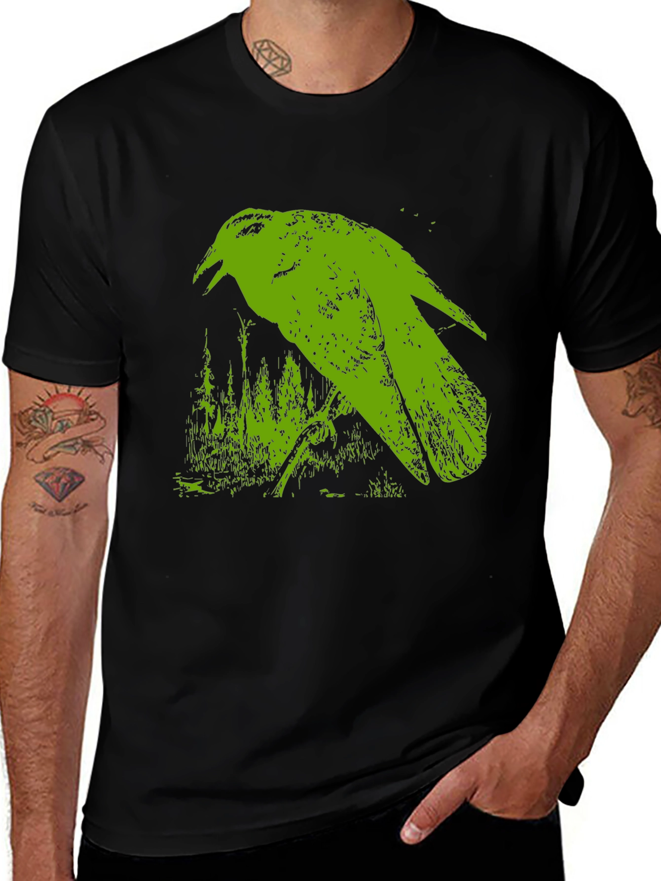 Green Crow Graphic Black T-Shirt