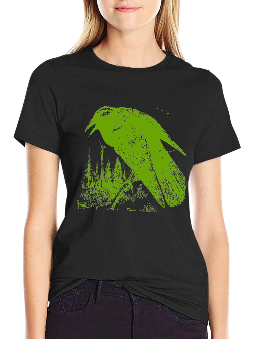 Green Crow Graphic Black T-Shirt