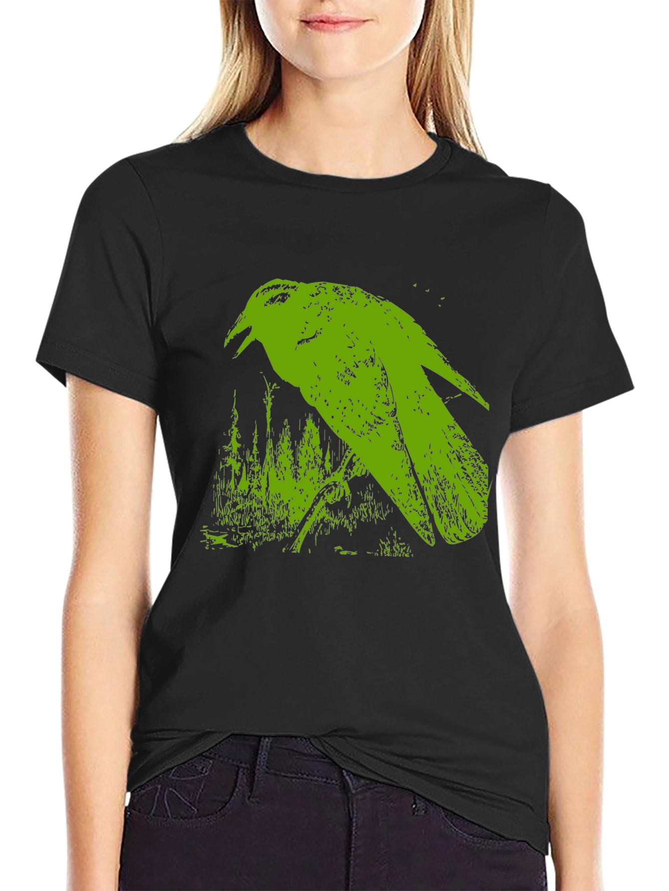 Green Crow Graphic Black T-Shirt