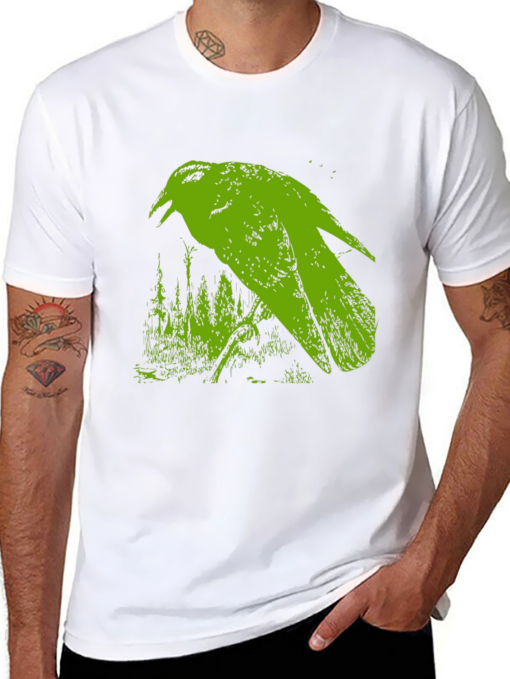 Green Crow Graphic Black T-Shirt