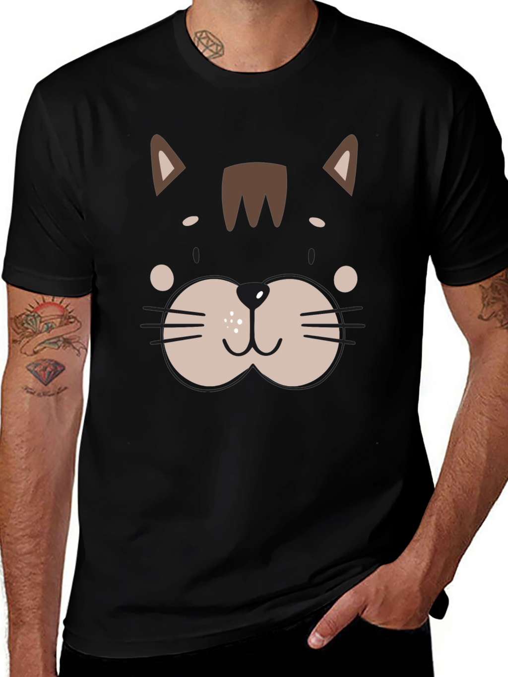 Cute Cat Face Graphic Black T-Shirt