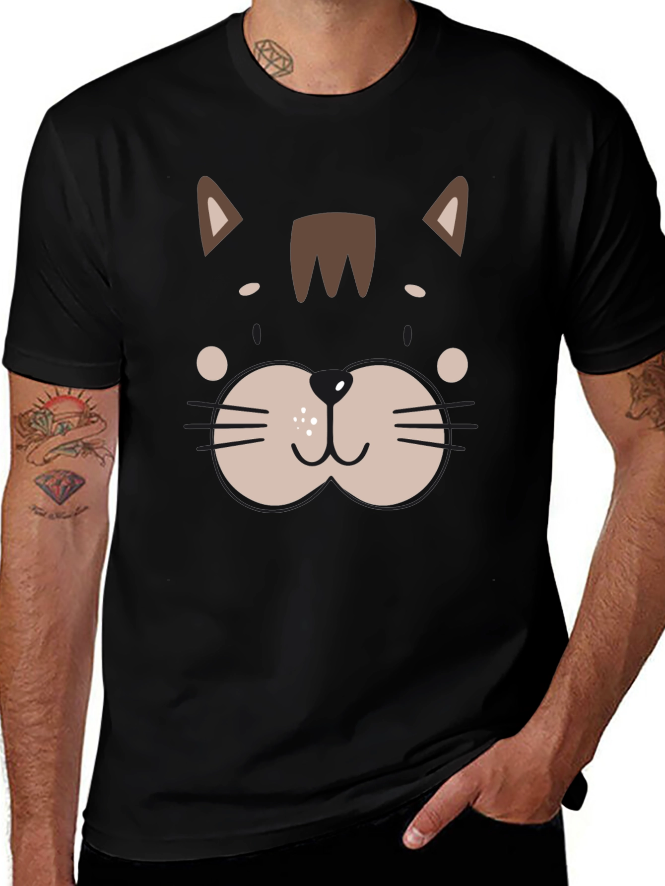 Cute Cat Face Graphic Black T-Shirt