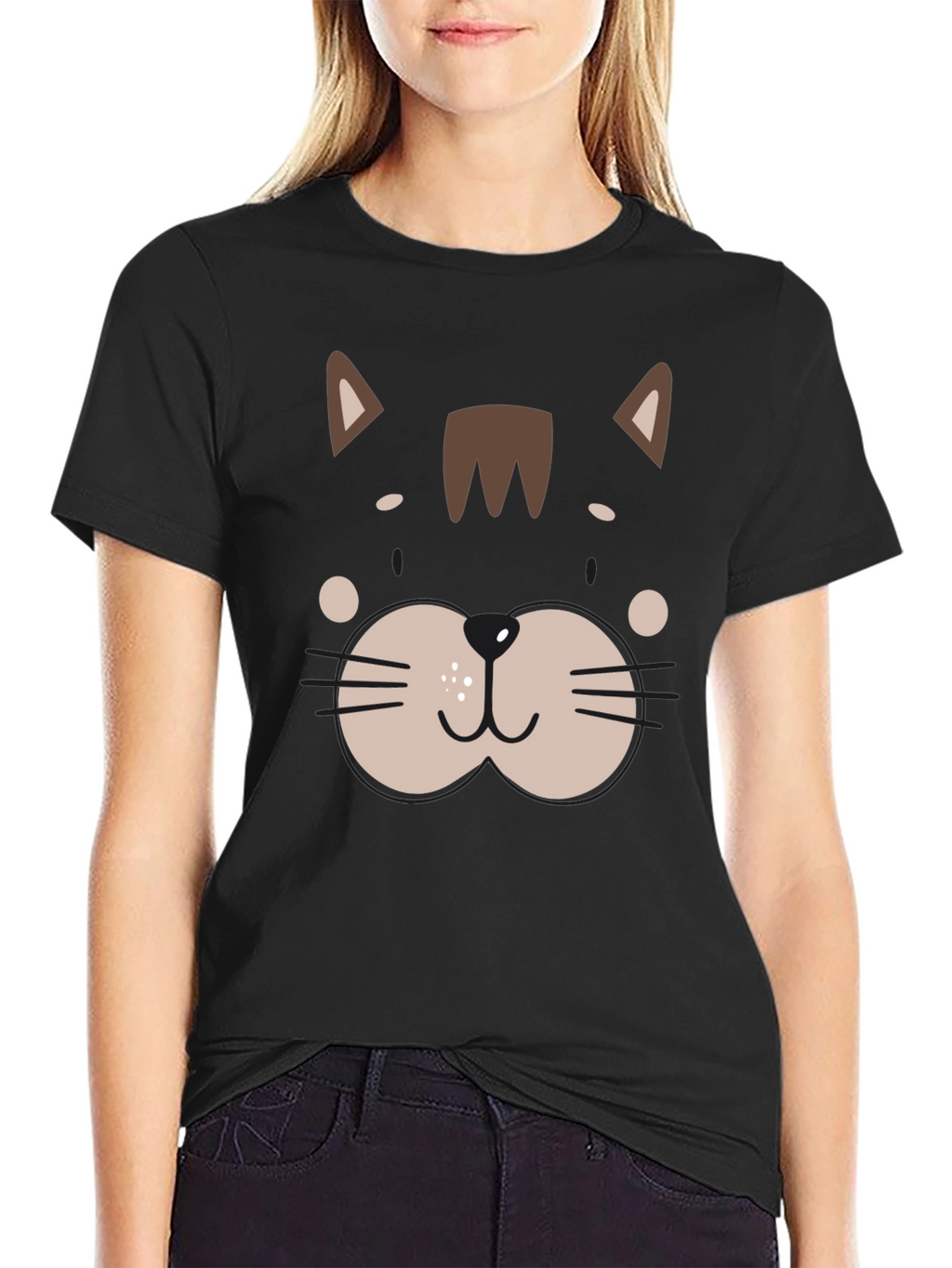 Cute Cat Face Graphic Black T-Shirt