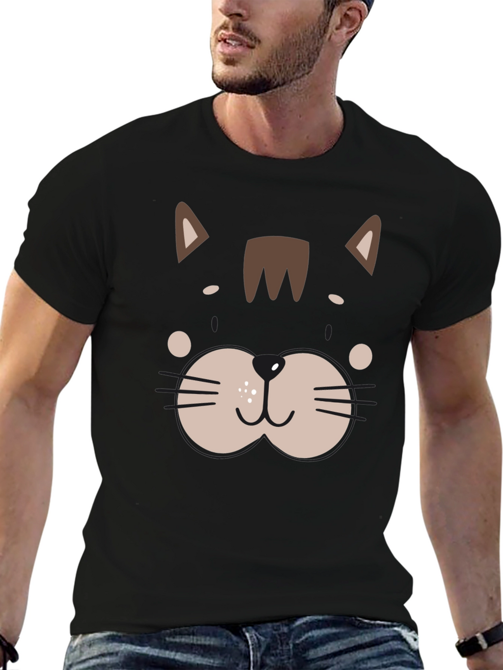 Cute Cat Face Graphic Black T-Shirt