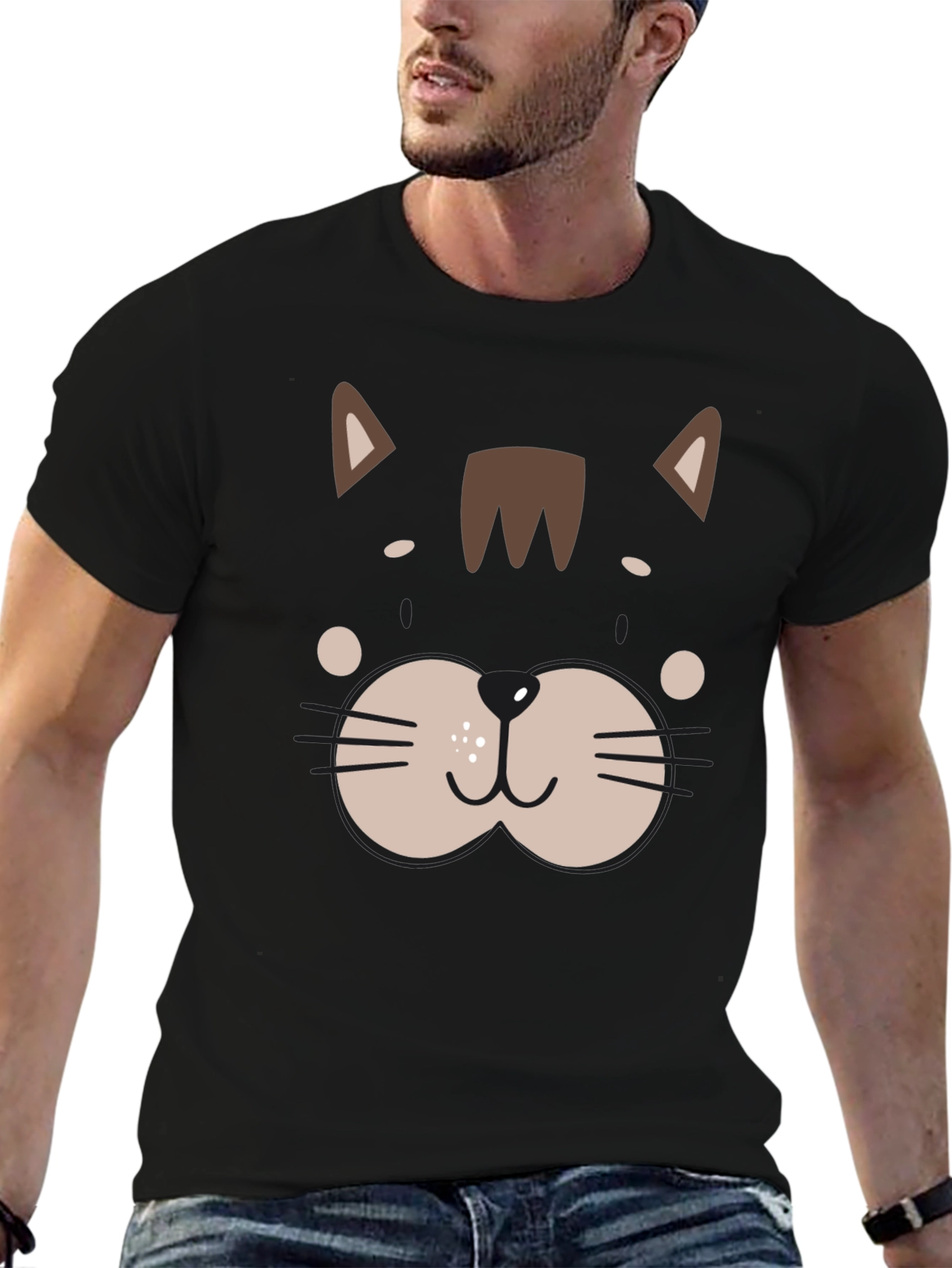 Cute Cat Face Graphic Black T-Shirt