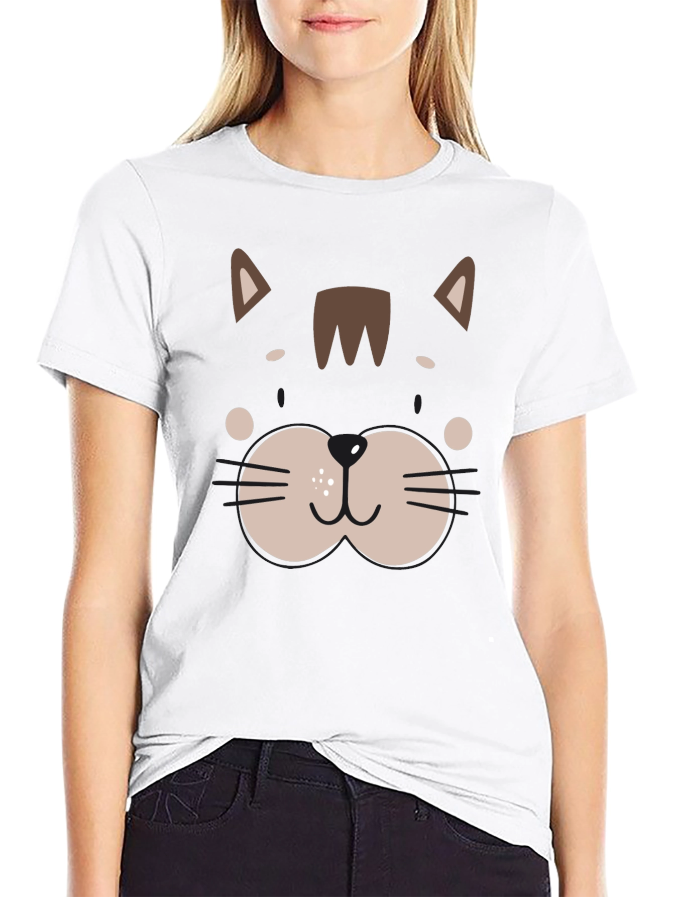 Cute Cat Face Graphic Black T-Shirt