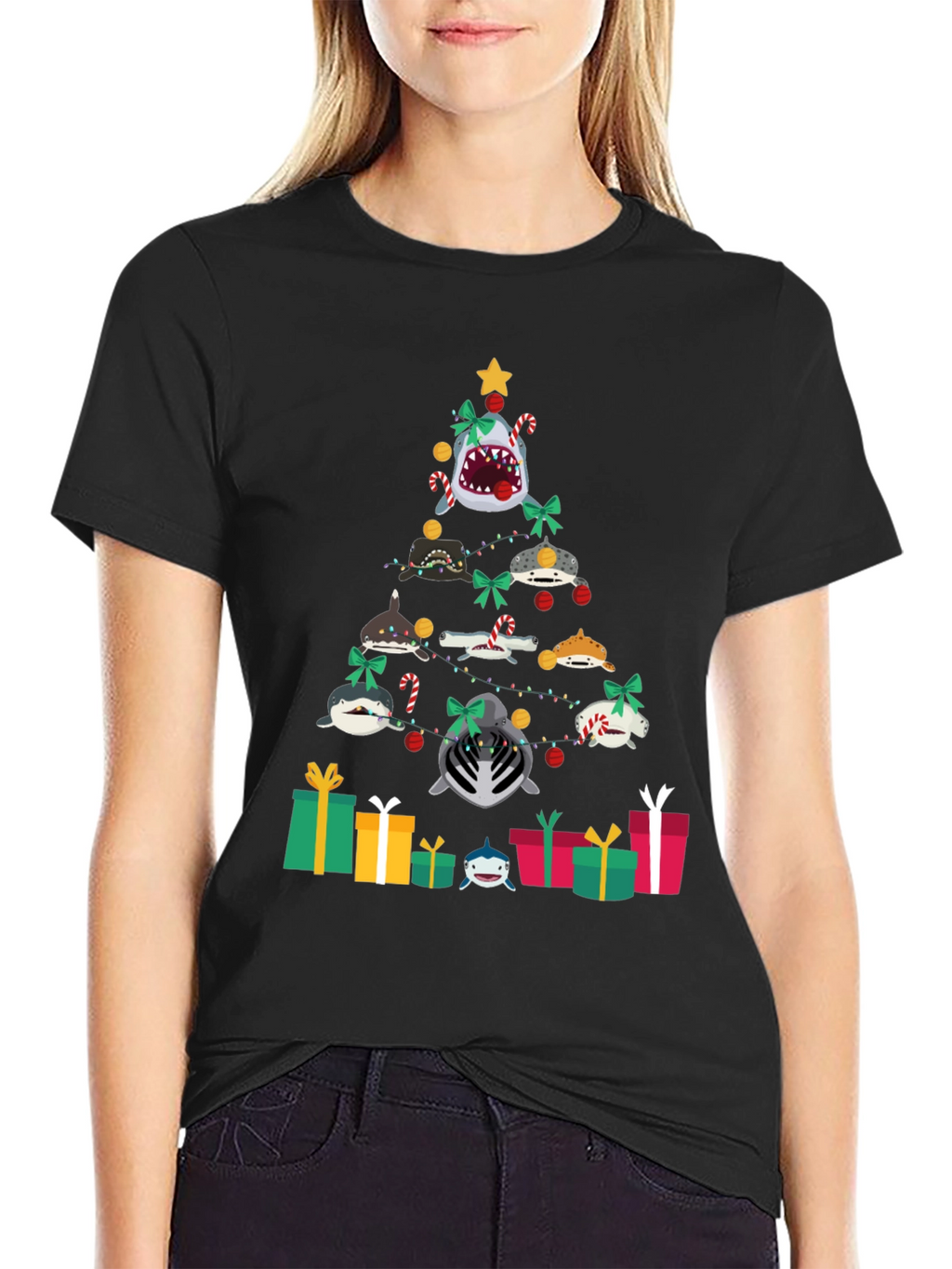 Shark Christmas Tree Black T-Shirt