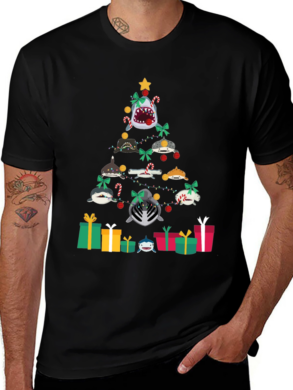 Shark Christmas Tree Black T-Shirt