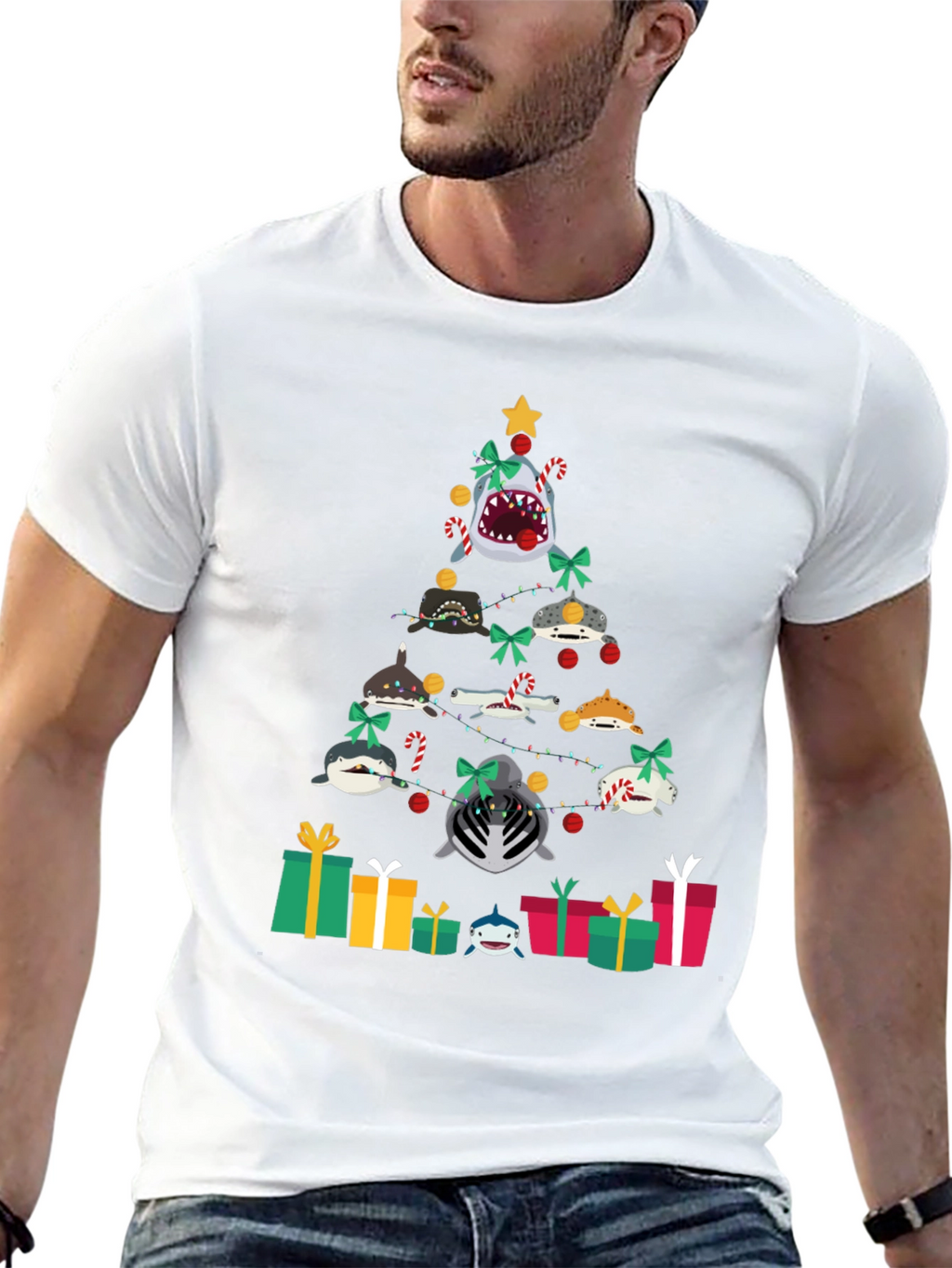 Shark Christmas Tree Black T-Shirt