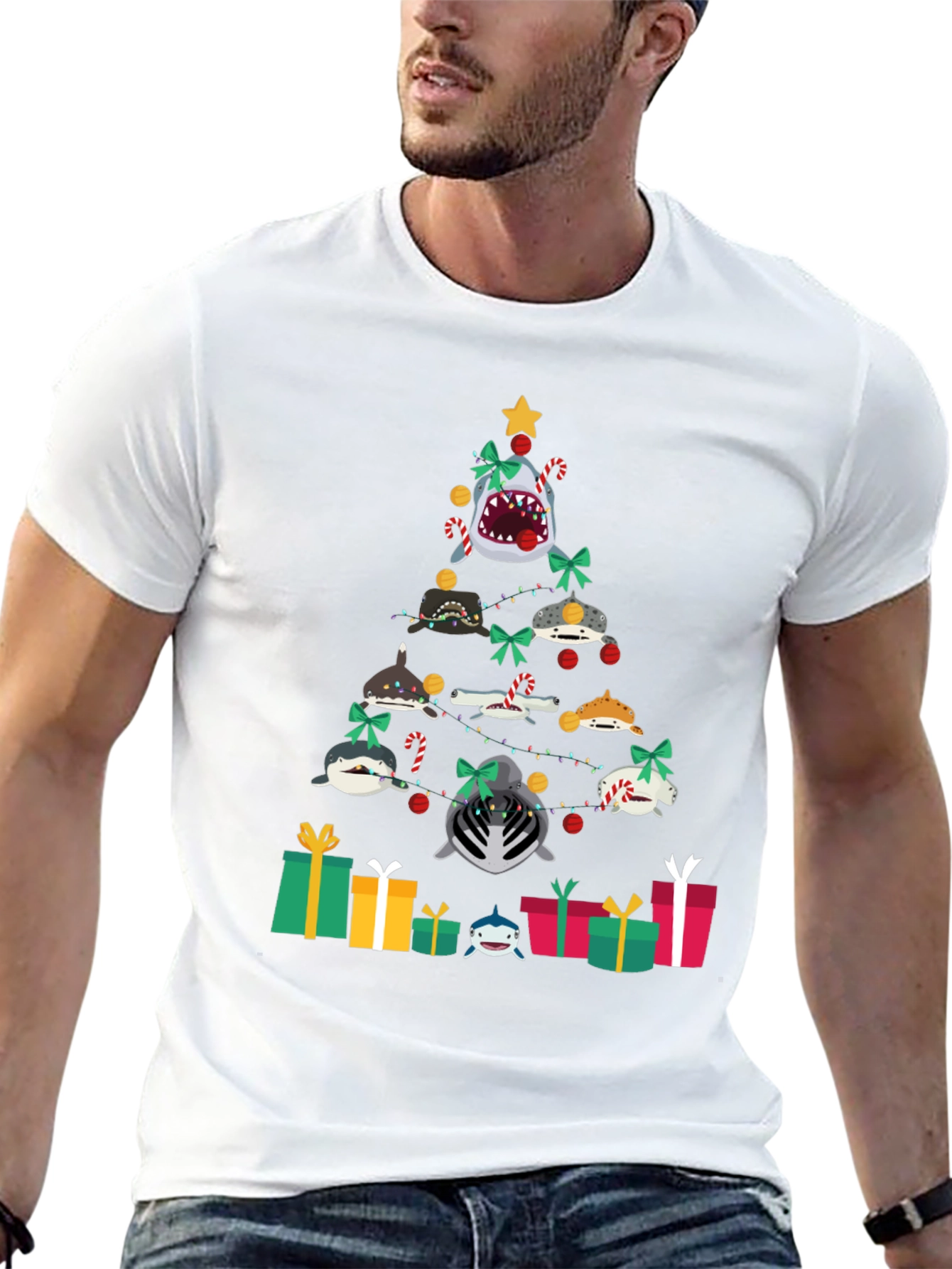 Shark Christmas Tree Black T-Shirt