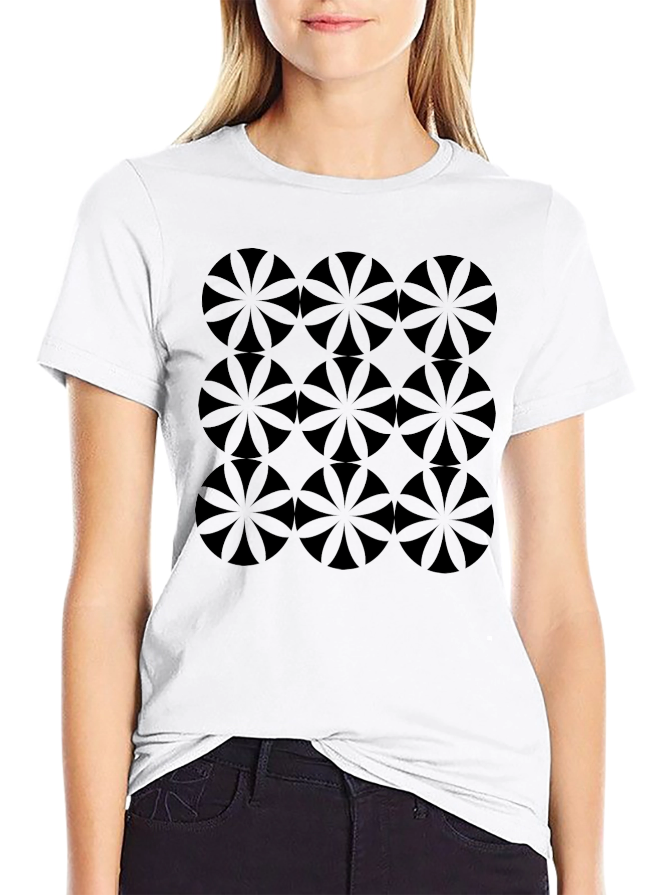 Geometric Flower Circle Pattern Black T-Shirt